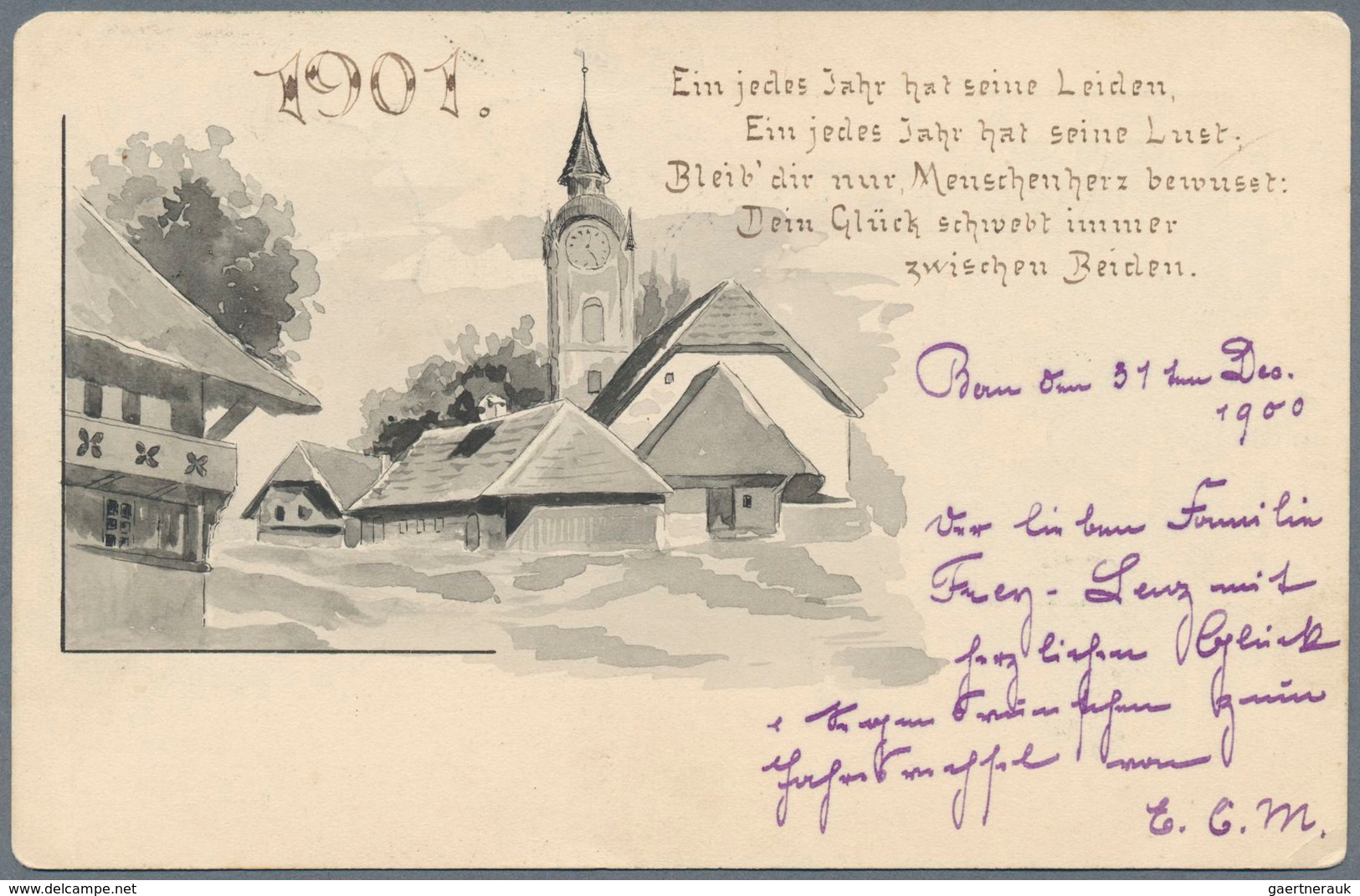 Schweiz - Ganzsachen: 1900 UPU-Ganzsachenkarte 5 Rp. Mit Rückseitigem Zudruck (Dorf + Neujahrswünsch - Postwaardestukken