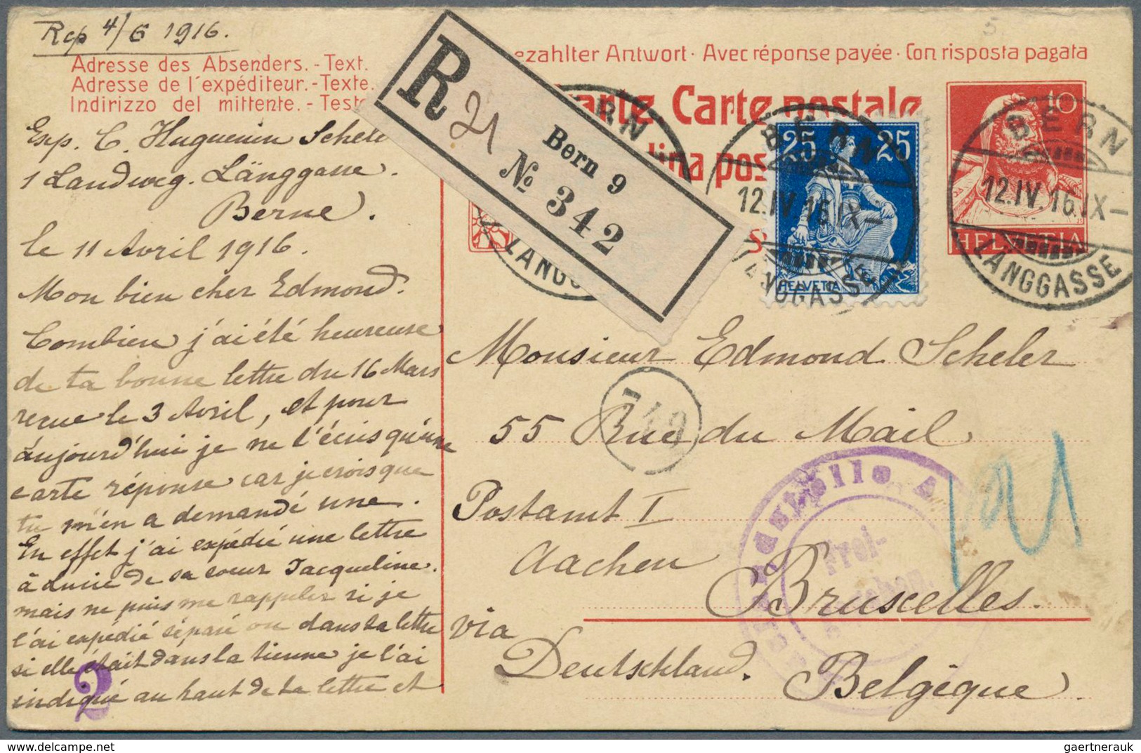 Schweiz - Ganzsachen: 1914, 10/10 C Rot Tell Antwortdoppelkarte (Type Querstriche Von H Und E In Hel - Stamped Stationery