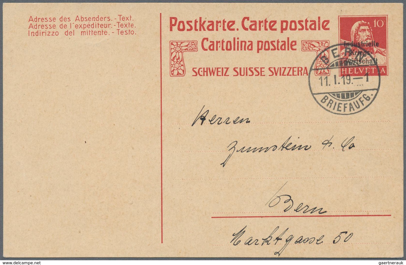 Schweiz - Ganzsachen: 1918, Dienstpostkarte Der Abteilung Für Industrielle Kriegswirtschaft 'Tellbru - Stamped Stationery