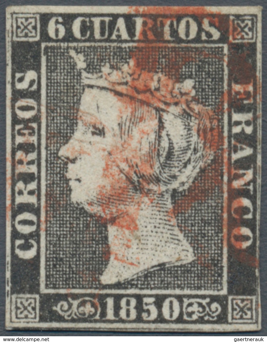 Spanien: 1850, 6cs. Black, Fresh Colour, Close To Full Margins, Clearly Oblit. By Red Pre-philatelic - Usati