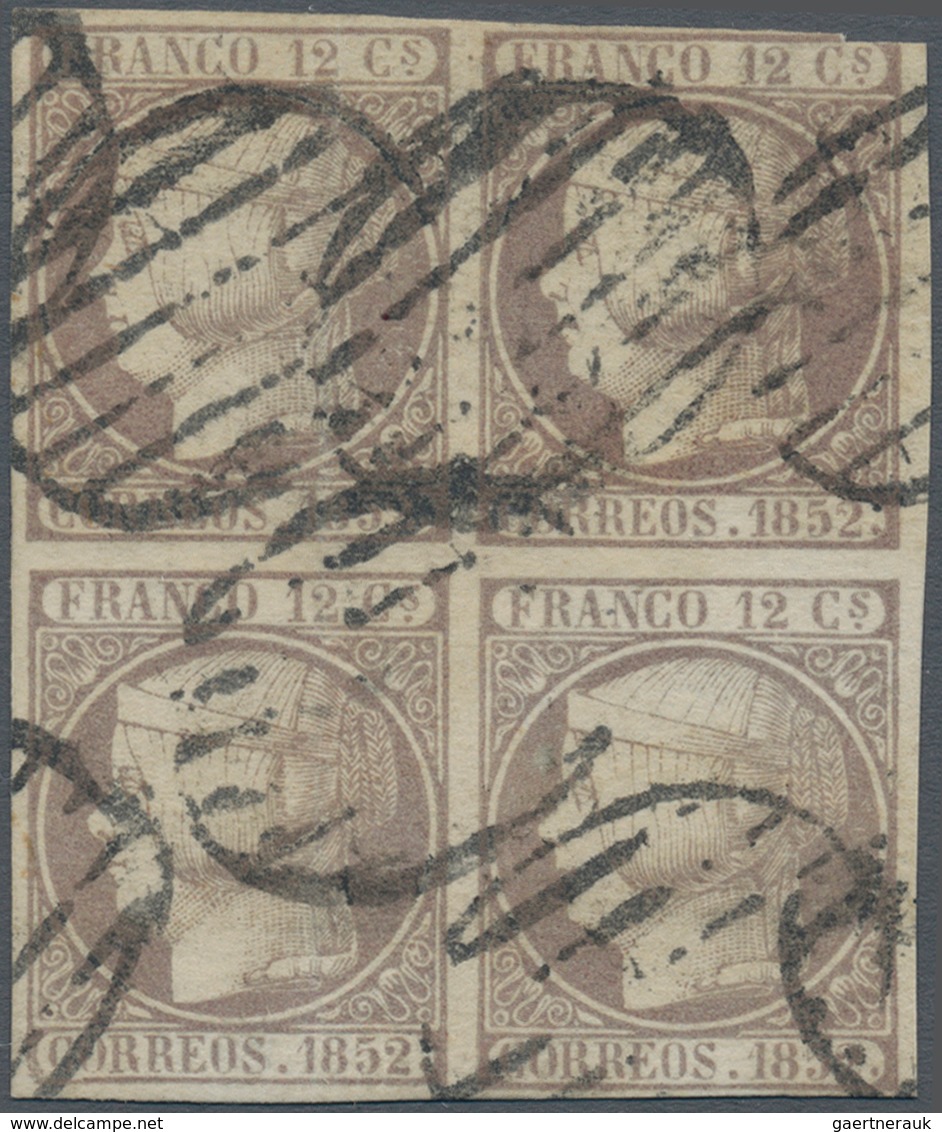 Spanien: 1852, 12cs. Lilac, BLOCK OF FOUR, Cut Into At Upper Right Otherwise Close To Full Margins, - Gebruikt