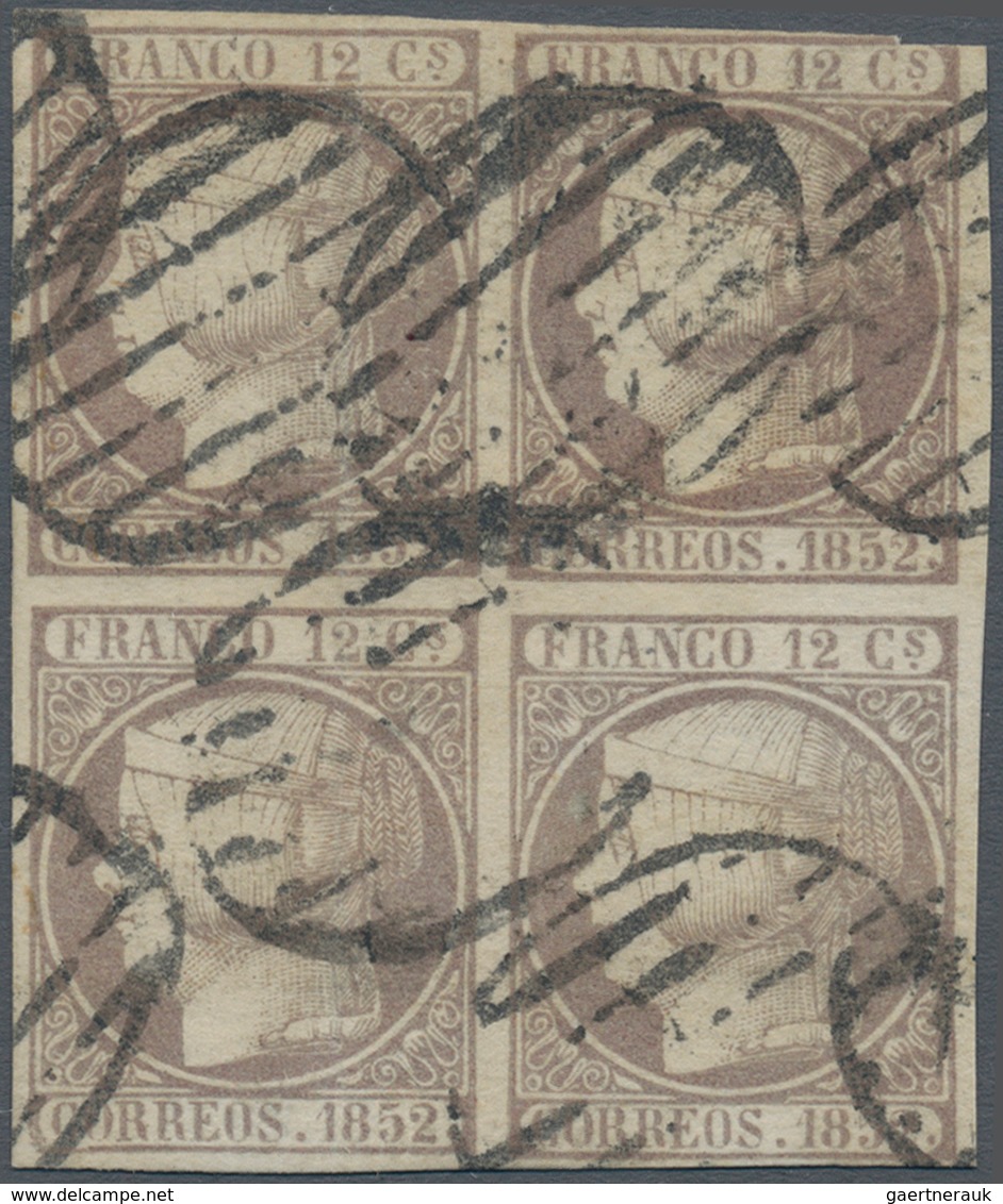 Spanien: 1852, 12cs. Lilac, BLOCK OF FOUR, Cut Into At Upper Right Otherwise Close To Full Margins, - Used Stamps