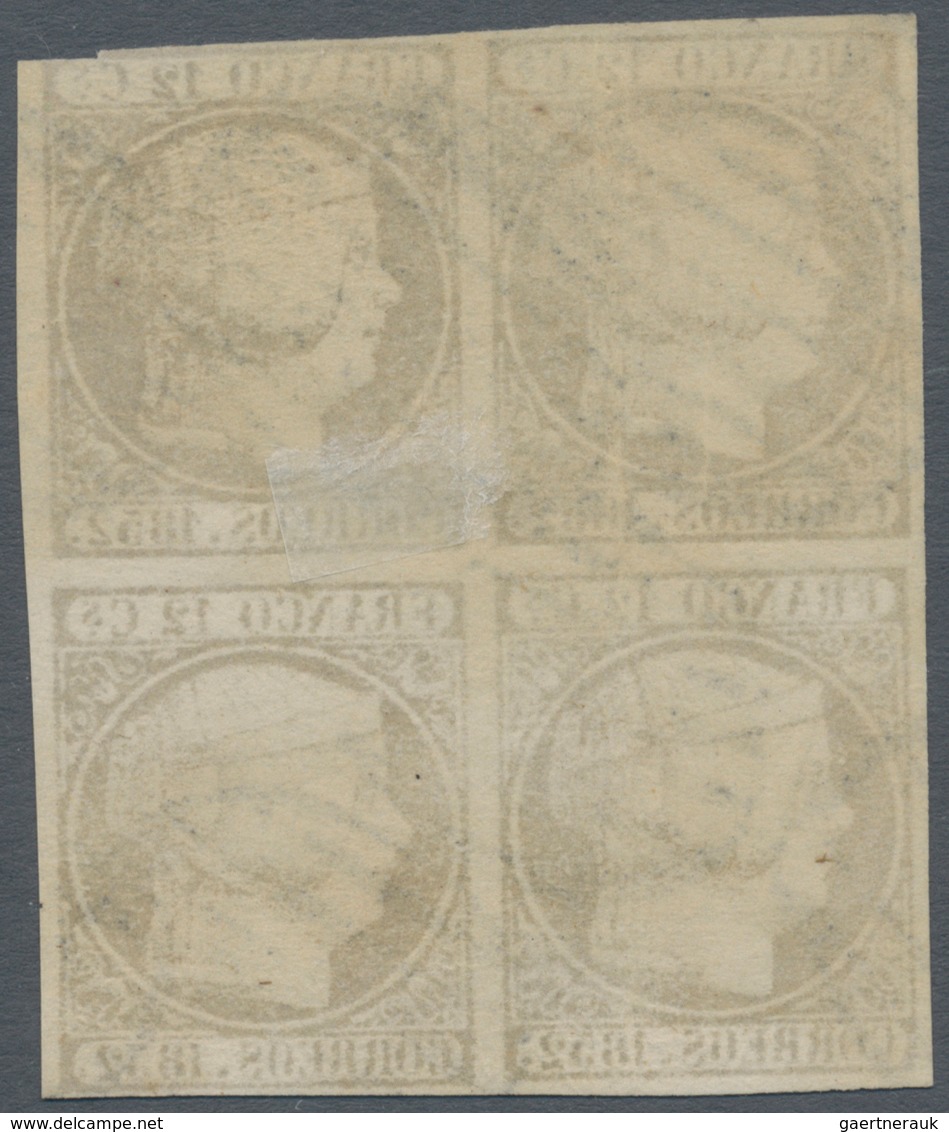 Spanien: 1852, 12cs. Lilac, BLOCK OF FOUR, Cut Into At Upper Right Otherwise Close To Full Margins, - Gebruikt
