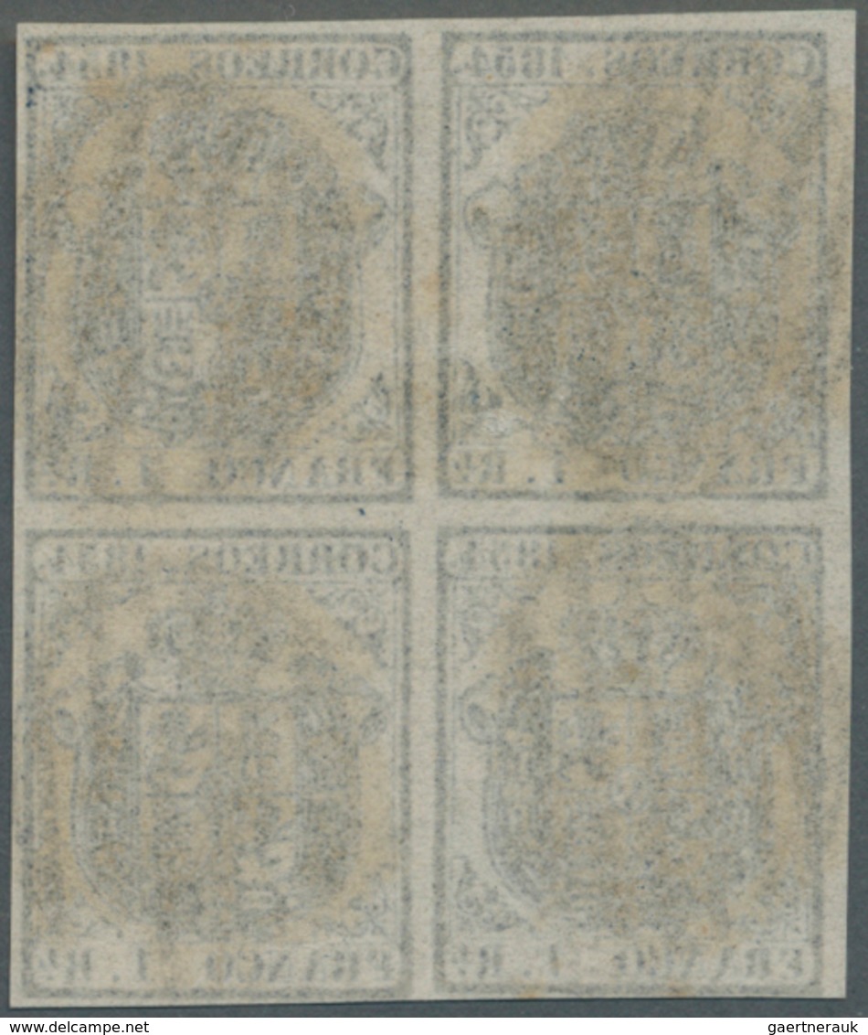 Spanien: 1854, Coat Of Arms 1 R On Thin White Paper In A Block Of Four Tied By Barr-cancles, Fresh C - Gebruikt