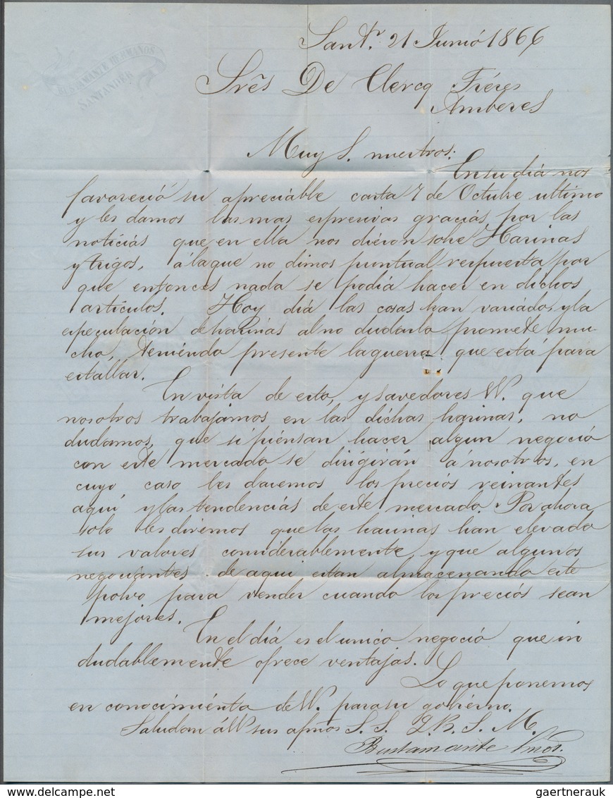 Spanien: 1866, 19 Cuartos Brown Tied "43" To Entire Folded Letter From "SATANDER 21 JUN 66" To Antwe - Usati