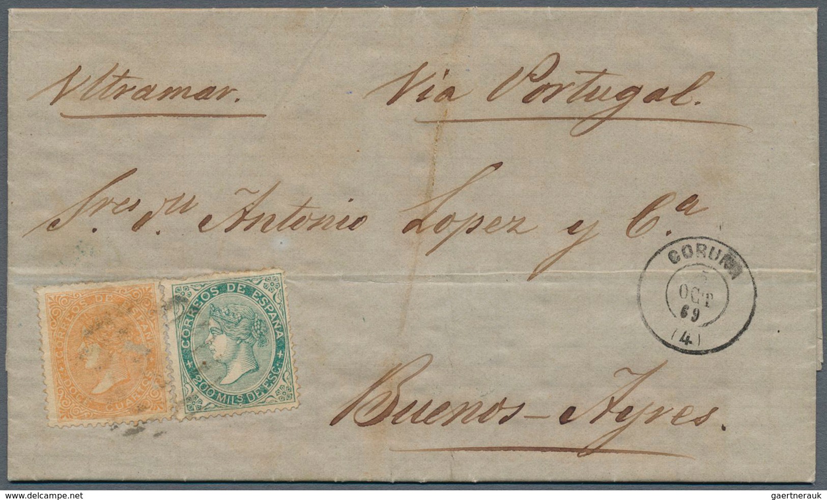Spanien: 1868 200m. Blue-green Along With 1867 12cs. Orange On Entire Letter 1869 From Coruña To Bue - Gebruikt