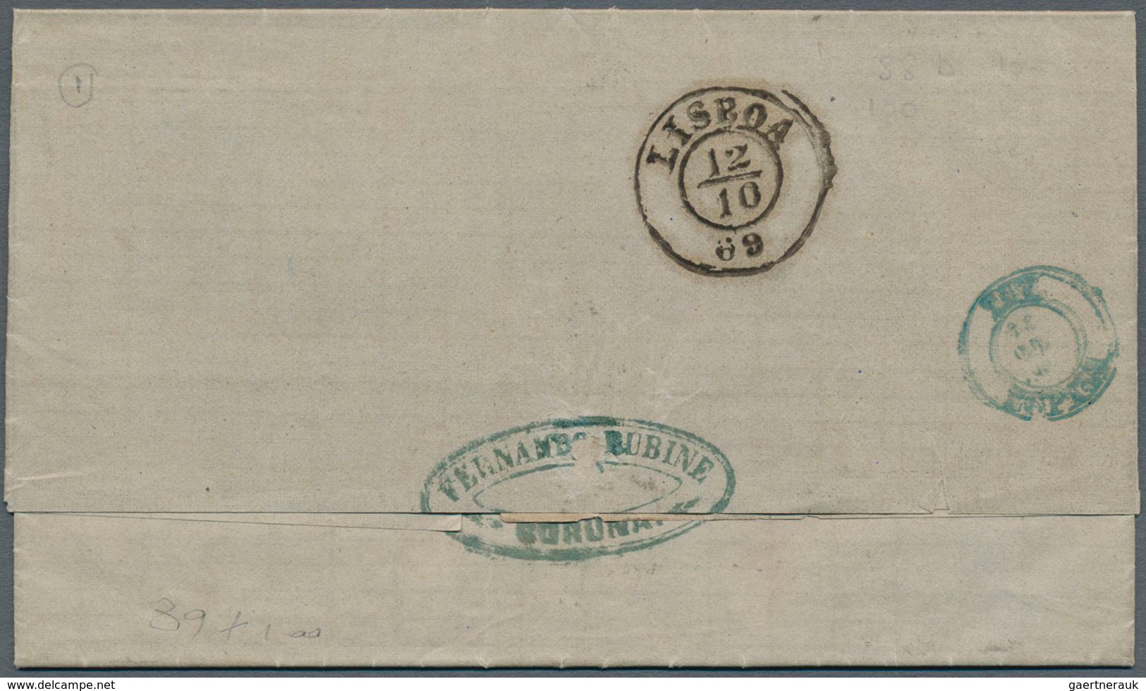 Spanien: 1868 200m. Blue-green Along With 1867 12cs. Orange On Entire Letter 1869 From Coruña To Bue - Gebruikt