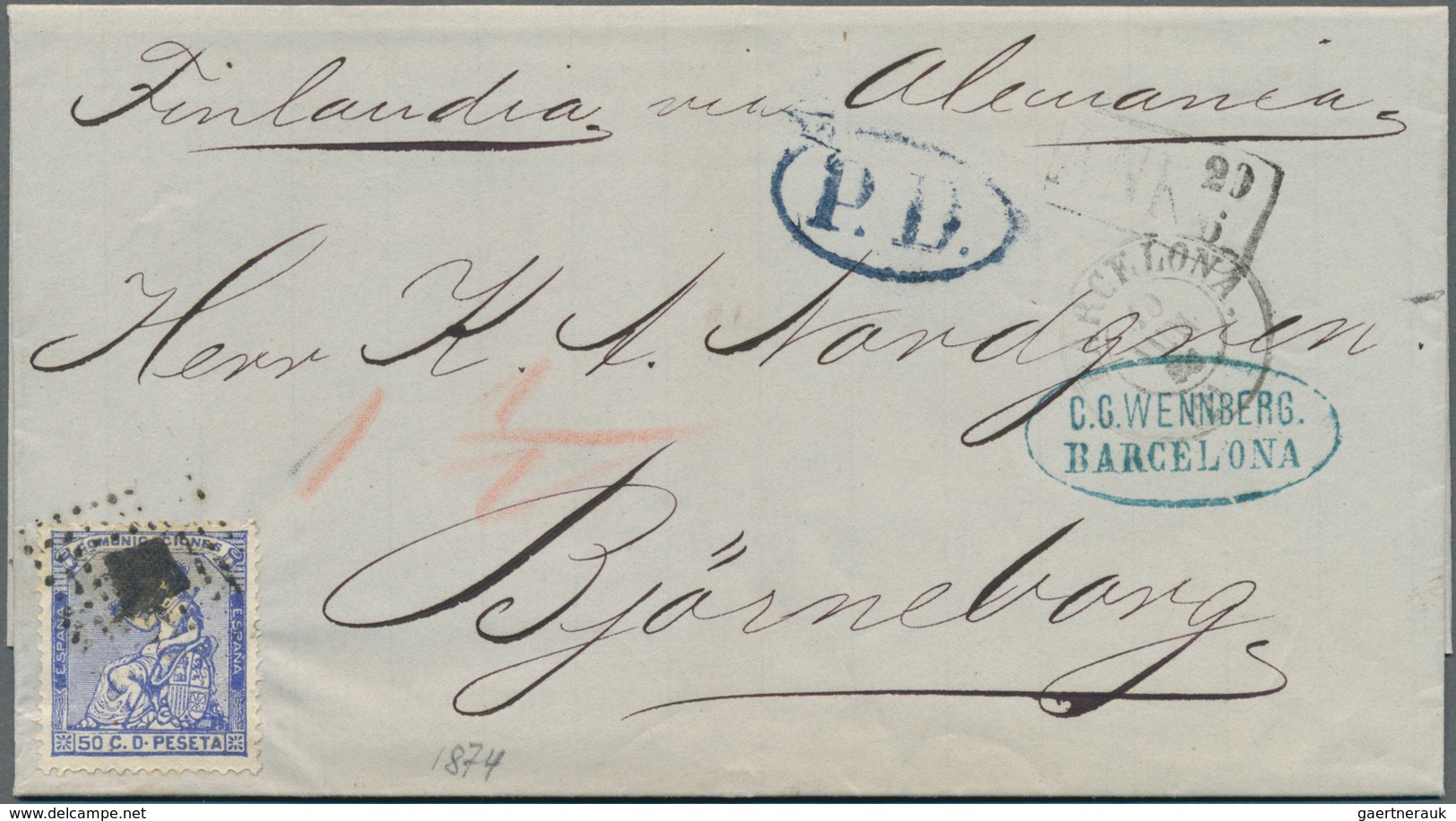 Spanien: 1874, 50 C. Blue Tied Diamond Rombe To Entire Folded Letter With "BARCELONA 10 JUN 74" Alon - Gebruikt