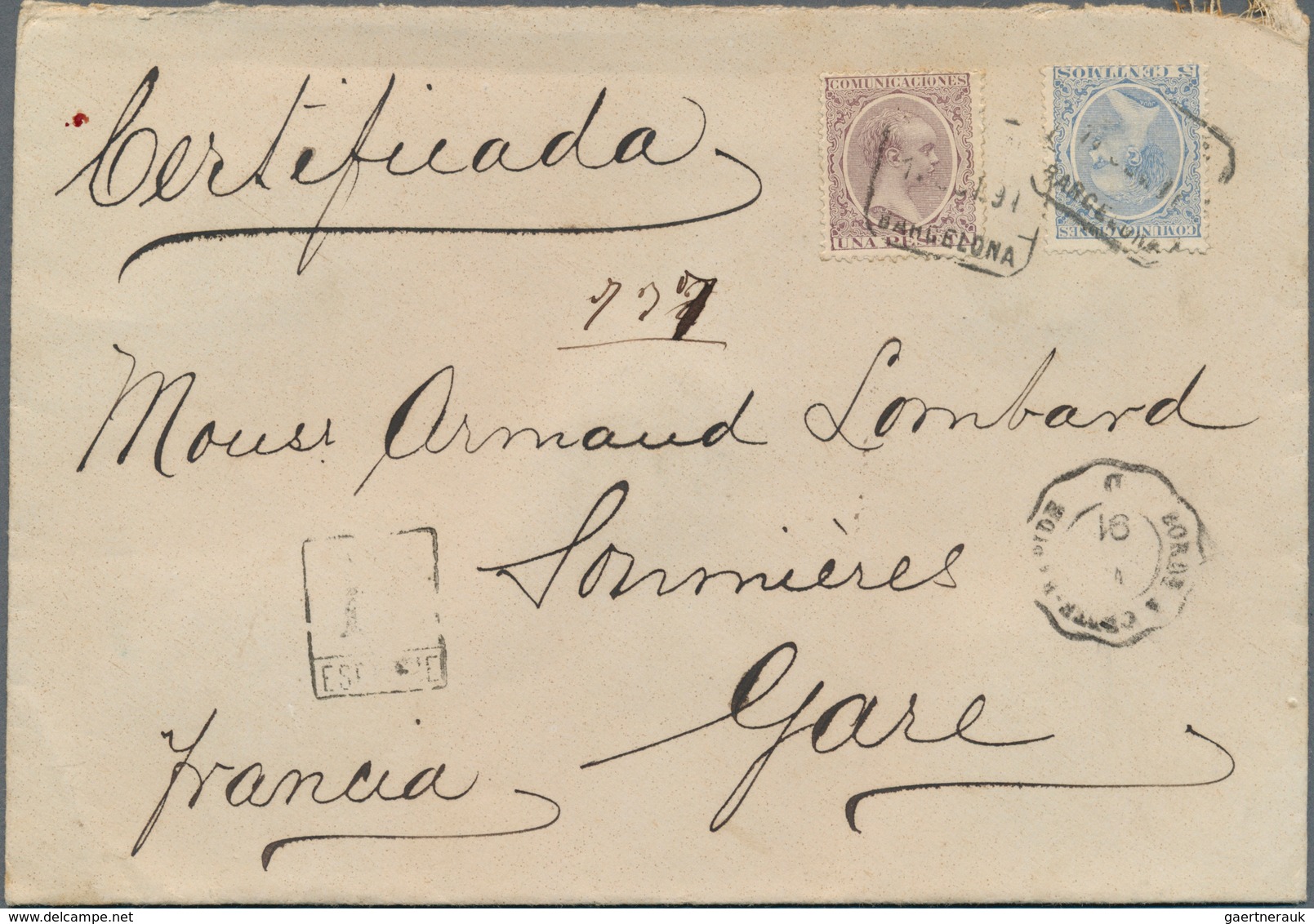 Spanien: 1891. Registered Envelope To France Bearing Yvert 198, 5c Blue And Yvert 209, 1 Peseta Viol - Gebruikt