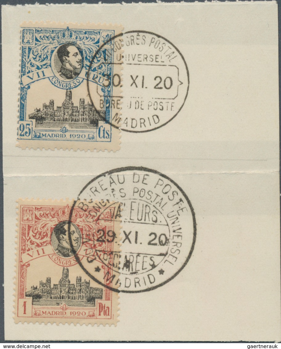 Spanien: 1920, U.P.U. complete set with 1 Peseta twice included all on pieces with spezial cancellat