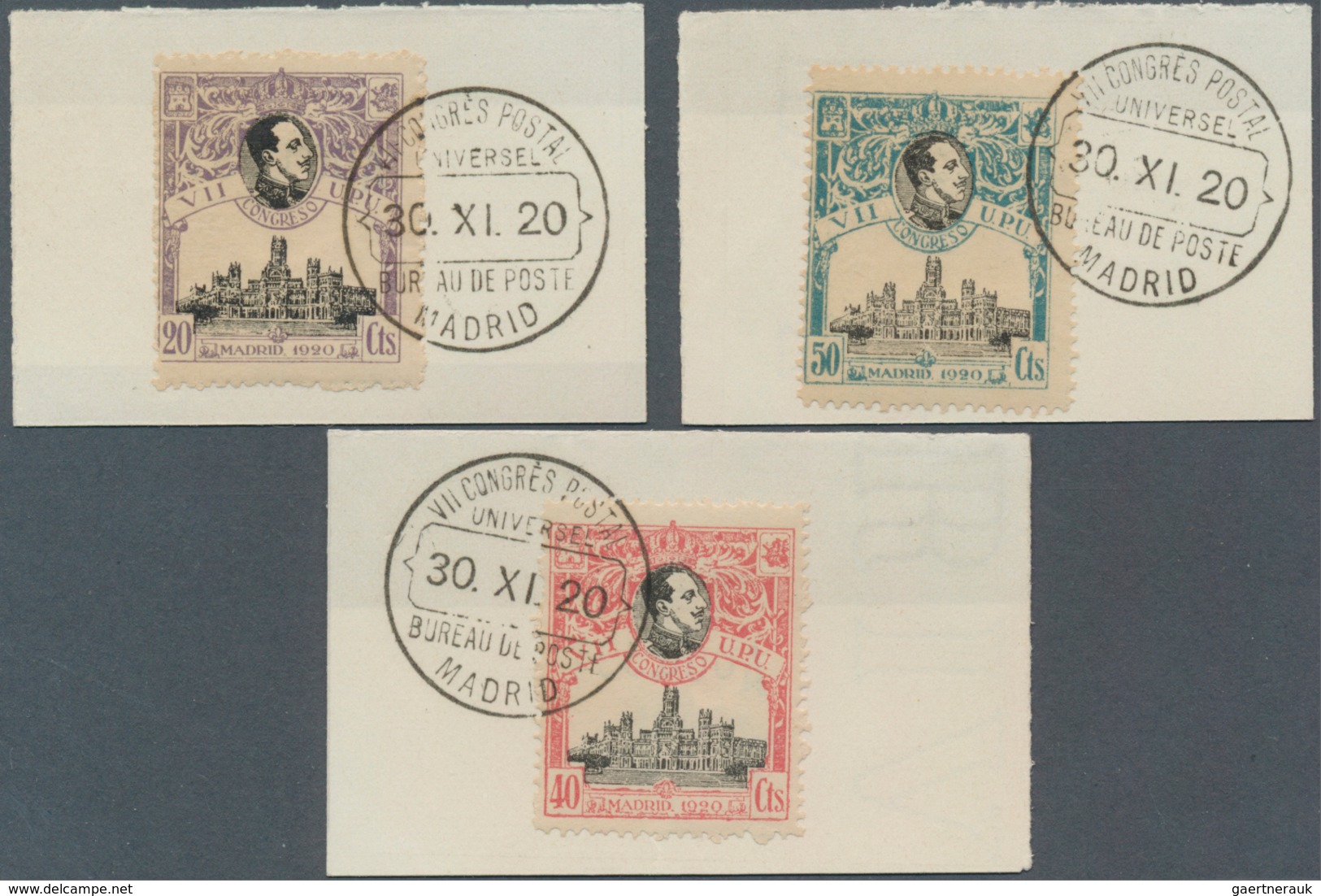 Spanien: 1920, U.P.U. complete set with 1 Peseta twice included all on pieces with spezial cancellat