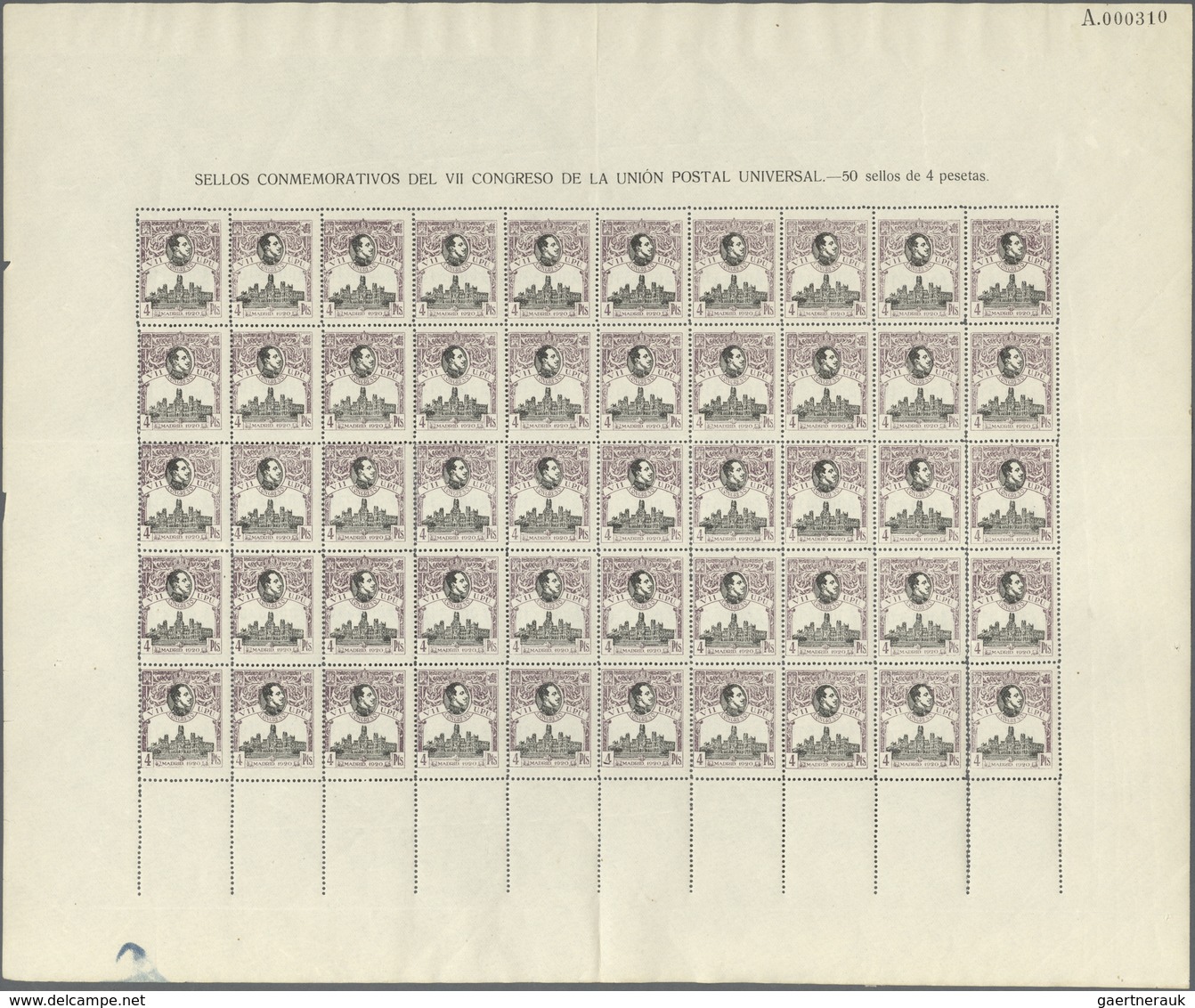 Spanien: 1920, 7th UPU Congress Madrid, 4pts. Lilac/black, Complete Sheet Of 50 Stamps With Imprint - Gebruikt