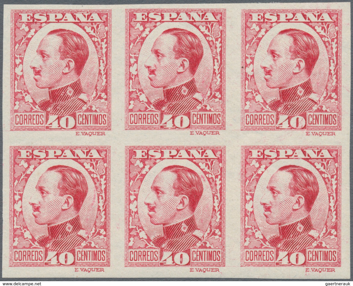 Spanien: 1930, Definitives Alfonso XIII, 40c. Red, Colour Variety, Imperforate Block Of Six, Unmount - Gebruikt