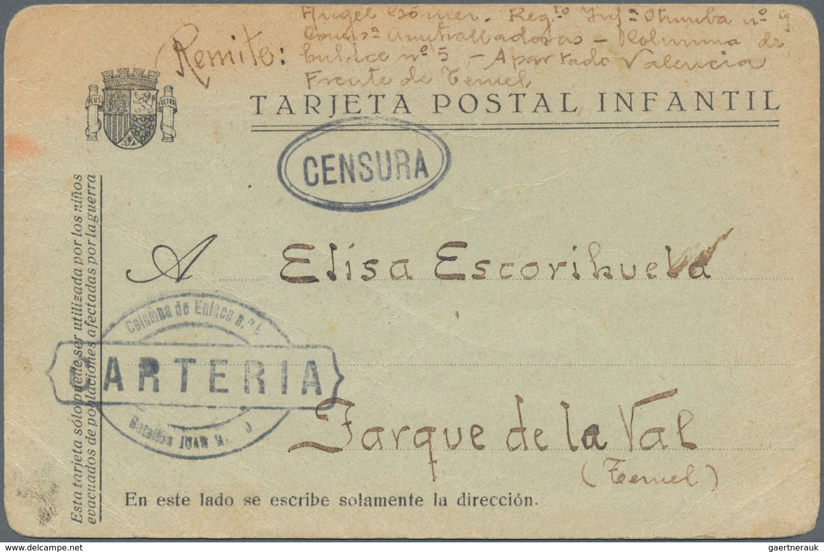 Spanien: 1937 EXTREMELY RARE TARJETA POSTAL INFANTIL Sent Postage Free From The Front In Teruel By A - Gebruikt