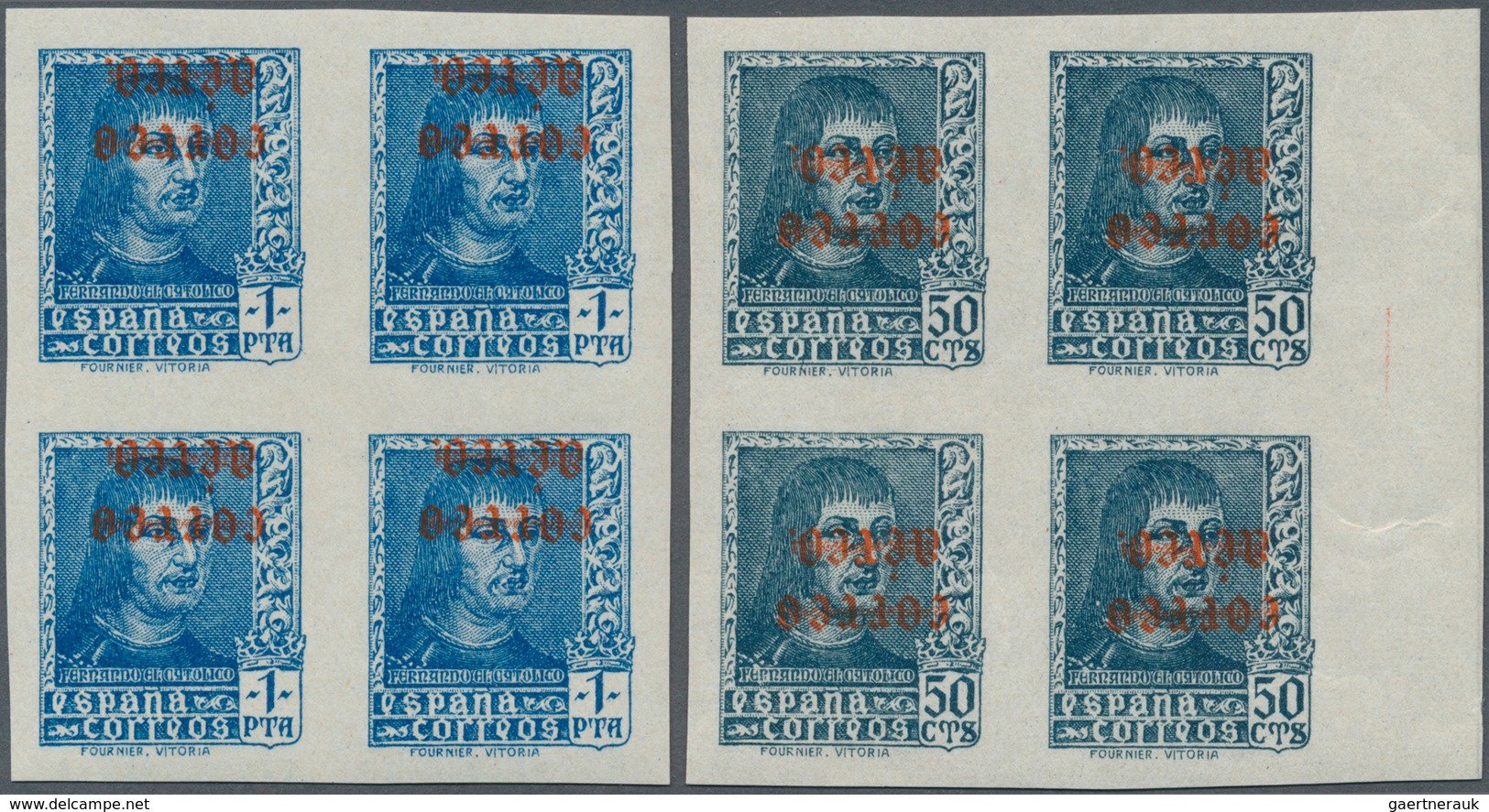 Spanien: 1938, Airmails, 50c. Slate And 1pts. Blue, Each As IMPERFORATE Block Of Four With INVERTED - Gebruikt