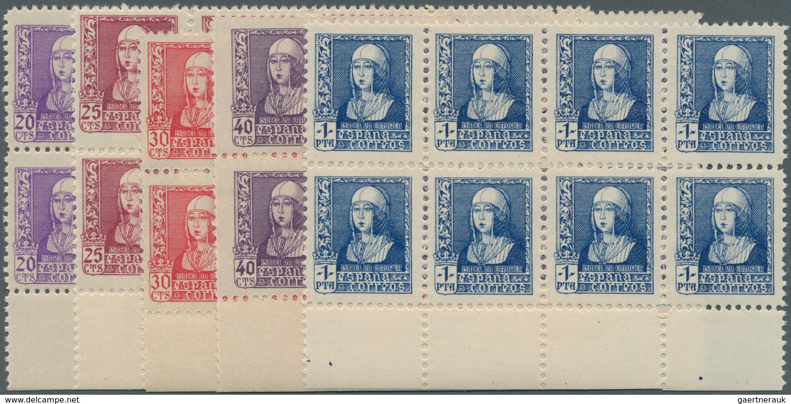 Spanien: 1938/1939, Queen Isabella Definitives Complete Set Of Six In Blocks Of Eight From Lower Mar - Gebruikt