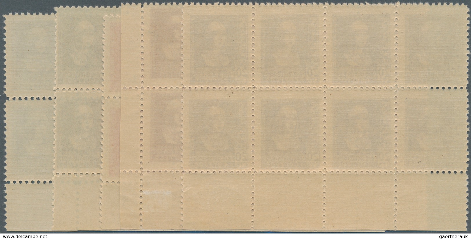 Spanien: 1938/1939, Queen Isabella Definitives Complete Set Of Six In Blocks Of Eight From Lower Mar - Gebruikt