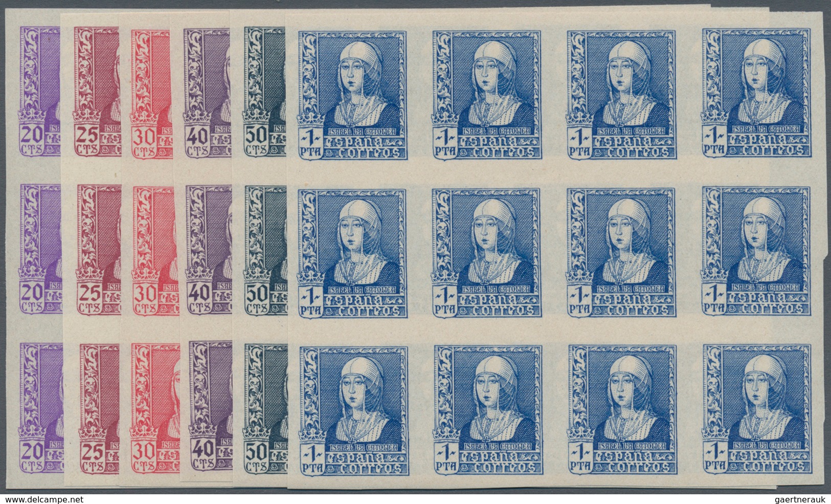 Spanien: 1938/1939, Queen Isabella Definitives Complete Set Of Six In IMPERFORATE Blocks Of Twelve, - Gebruikt