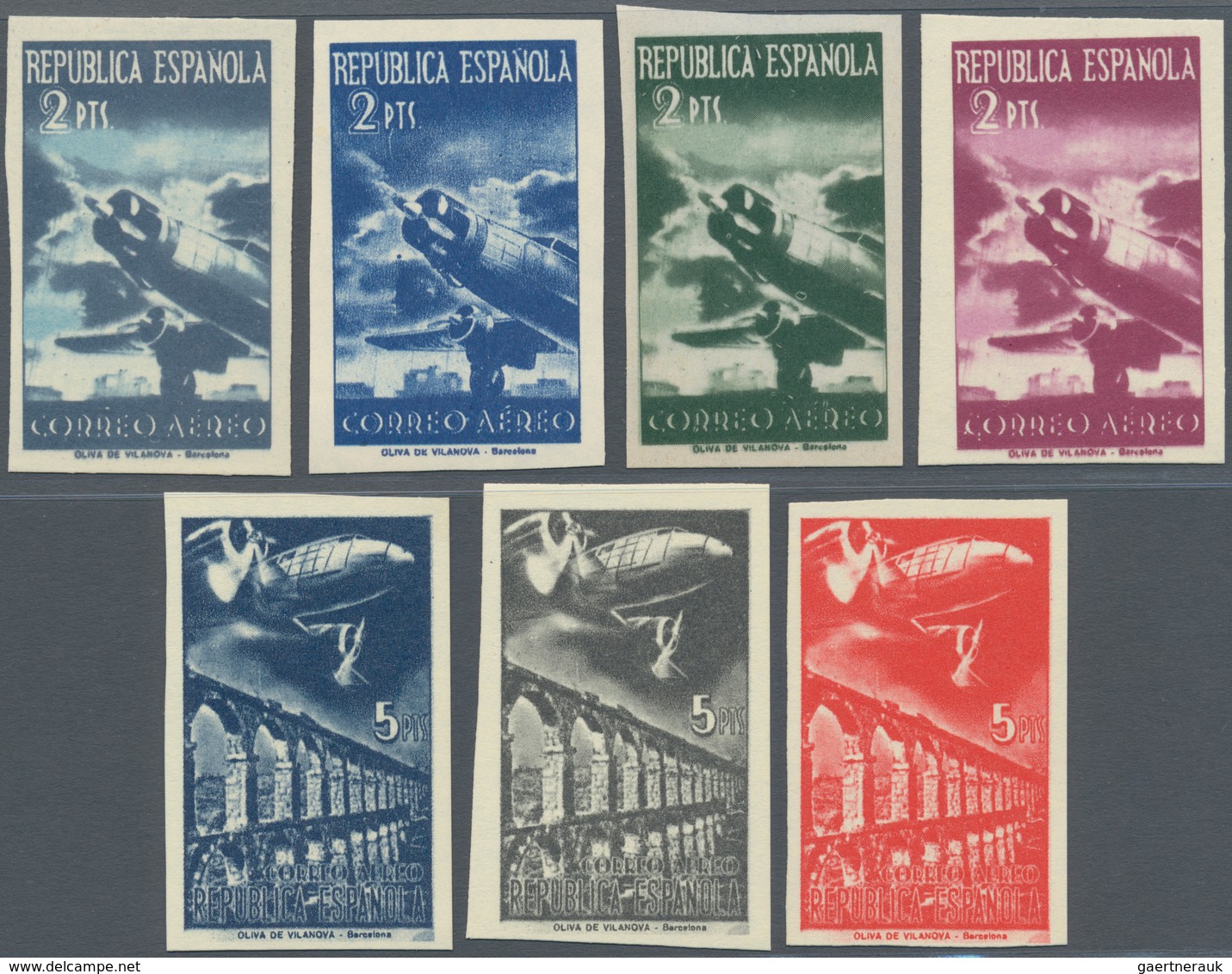 Spanien: 1939, UNISSUED Airmail Stamps With Airplanes 2pta. ‚Ford‘ And 5pta. ‚Douglas DC 2‘ In A Com - Gebruikt