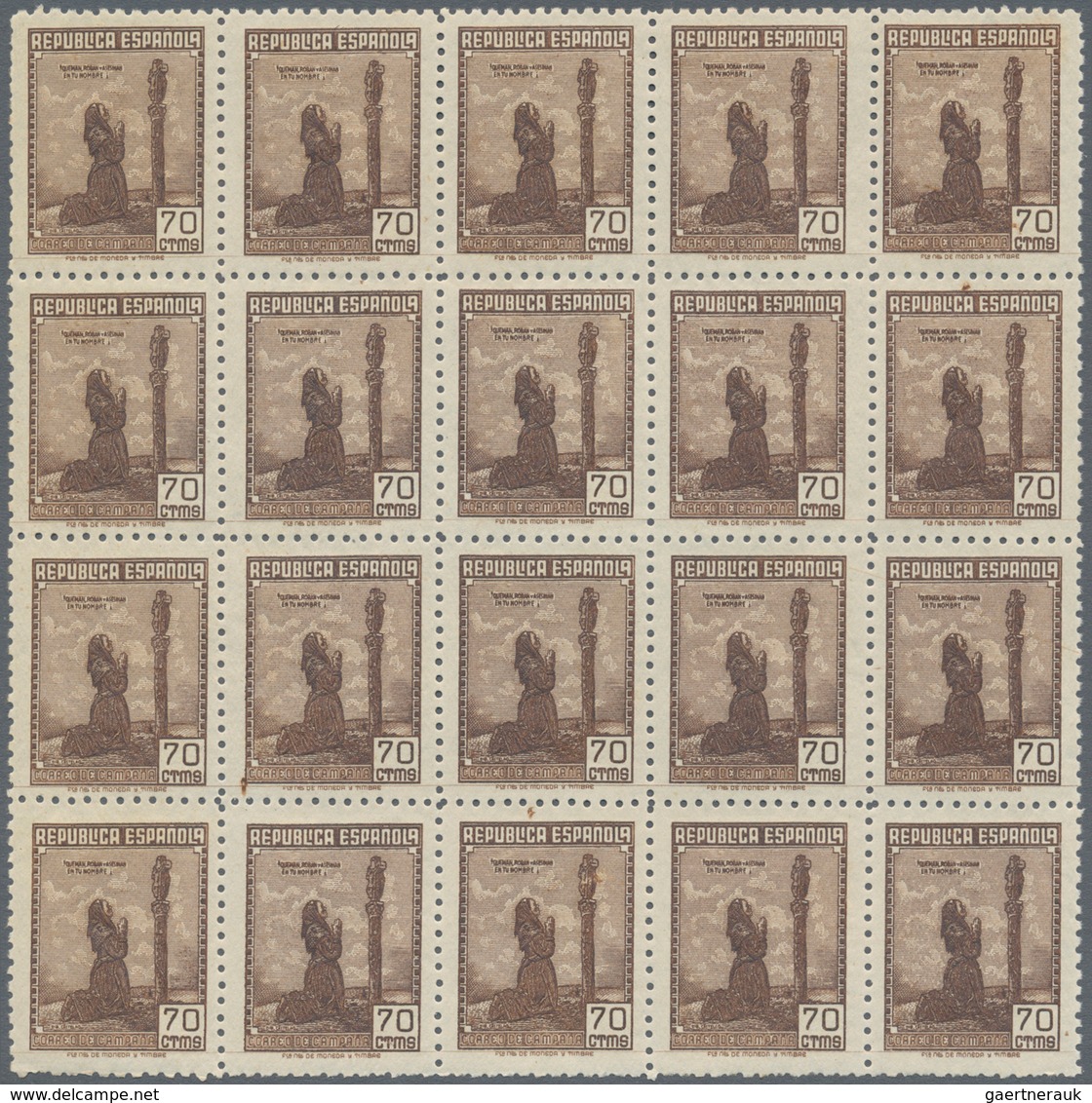 Spanien: 1939, Forces Mail Issue NOT ISSUED 70c. Stamp Showing Female Prayer Block Of 20 Perforated - Gebruikt