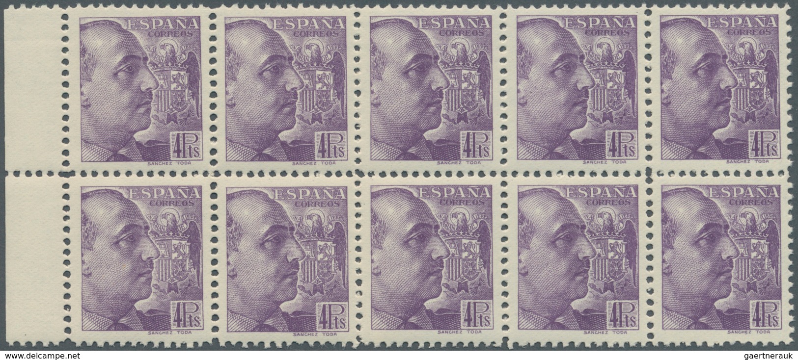 Spanien: 1939, General Franco Definitive 4pta. Violet (‚Sanchez Toda‘) Block Of Ten From Left Margin - Gebruikt