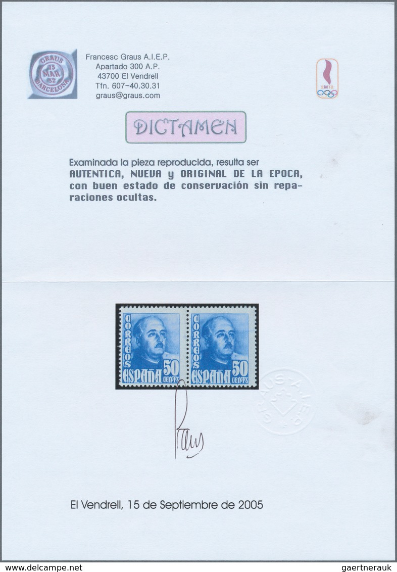 Spanien: 1948, Definitives "General Franco", 50c. Bright Blue, Colour Variety, Horiz. Pair, Unmounte - Gebruikt