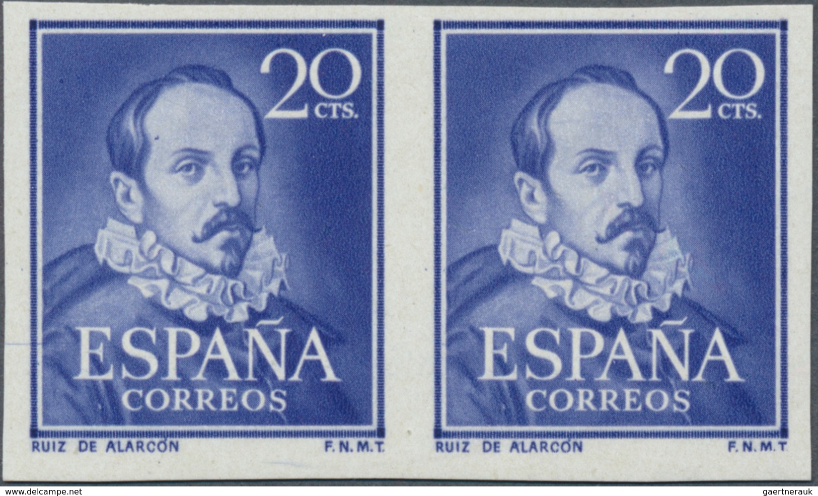 Spanien: 1950, 20c. Mendoza, IMPERFORATE Horiz. Pair, Unmounted Mint, Certificate Graus. Edifil 1074 - Gebruikt