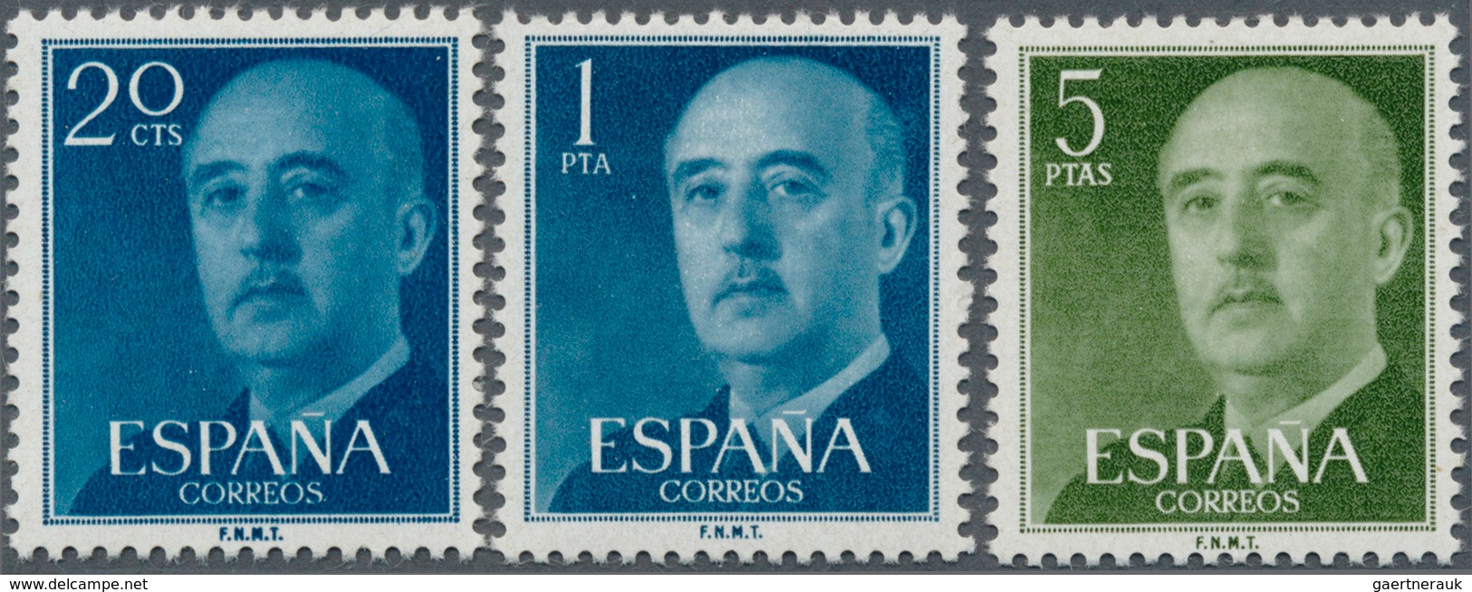 Spanien: 1955, Definitives "General Franco", 20c. Blue, 1pts. Blue And 5pts. Olive-green, Three Colo - Gebruikt