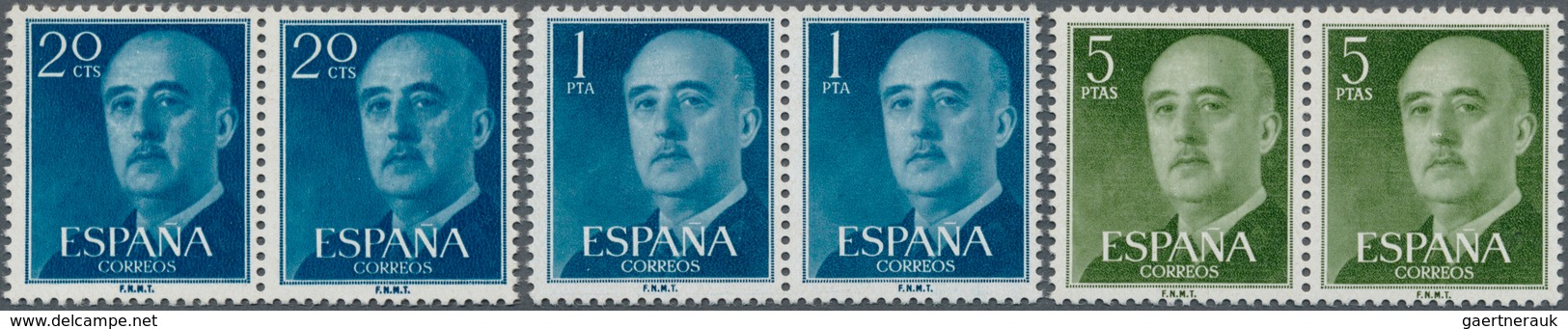 Spanien: 1955, Definitives "General Franco", 20c. Blue, 1pts. Blue And 5pts. Olive-green, Three Colo - Gebruikt