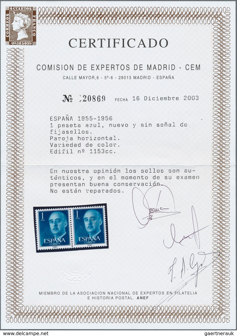 Spanien: 1955, Definitives "General Franco", 20c. Blue, 1pts. Blue And 5pts. Olive-green, Three Colo - Gebruikt