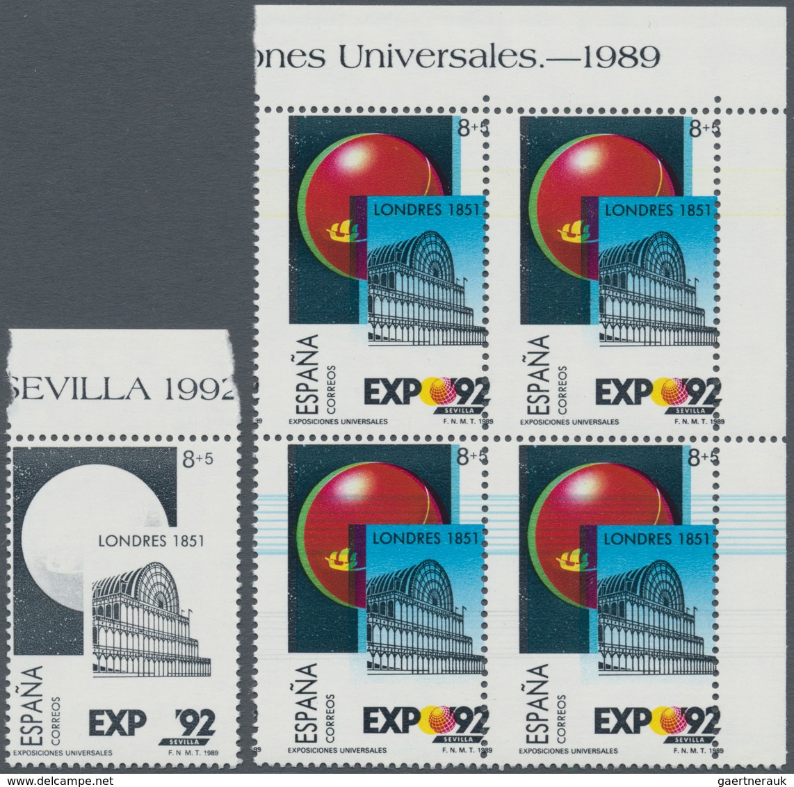Spanien: 1989, EXPO '92 Sevilla 8+5pta. 'Cristal Palace London' Block Of Four With SHIFTED PERFORATI - Gebruikt