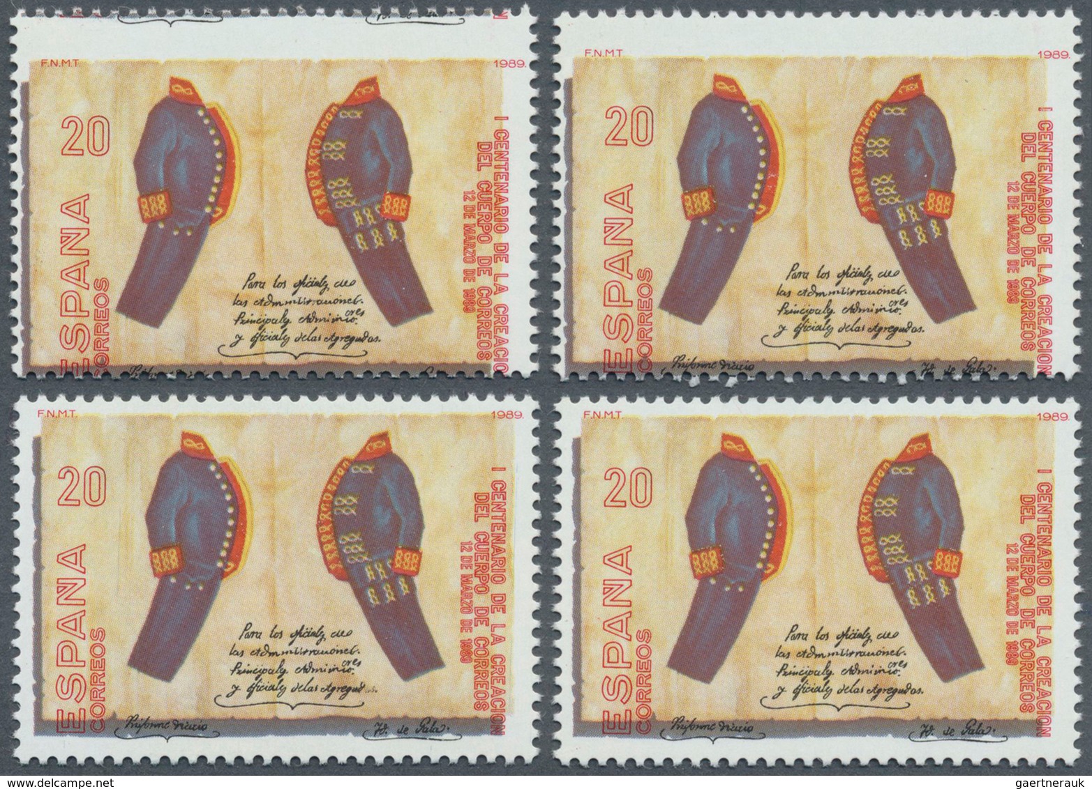 Spanien: 1989, Centenary Of Spanish Post 20pta. 'postal Uniforms' Four Stamps With Slightly SHIFTED - Gebruikt
