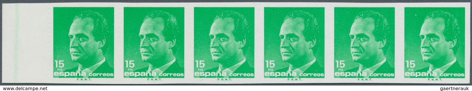 Spanien: 1989, Defintives Juan Carlos, 15pts. Yellow-green, IMPERFORATE Left Marginal Strip Of Six, - Gebruikt