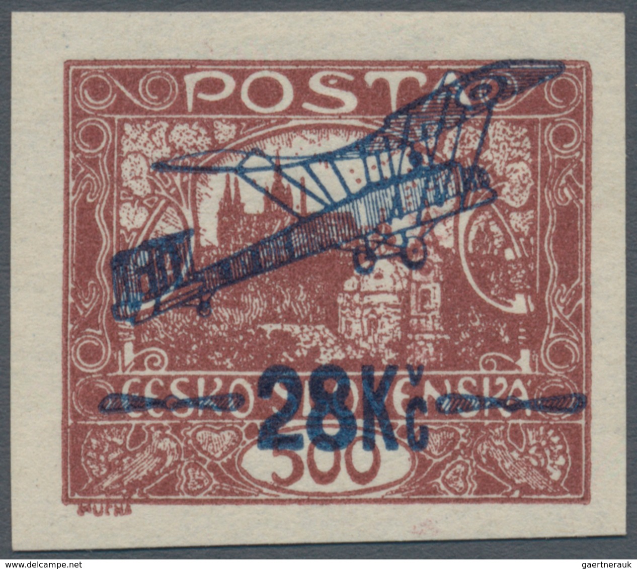 Tschechoslowakei: 1920, 28 Kc On 500 H Red-brown, Imperforated Proof Of Unissued Airmail Stamp, VF M - Other & Unclassified