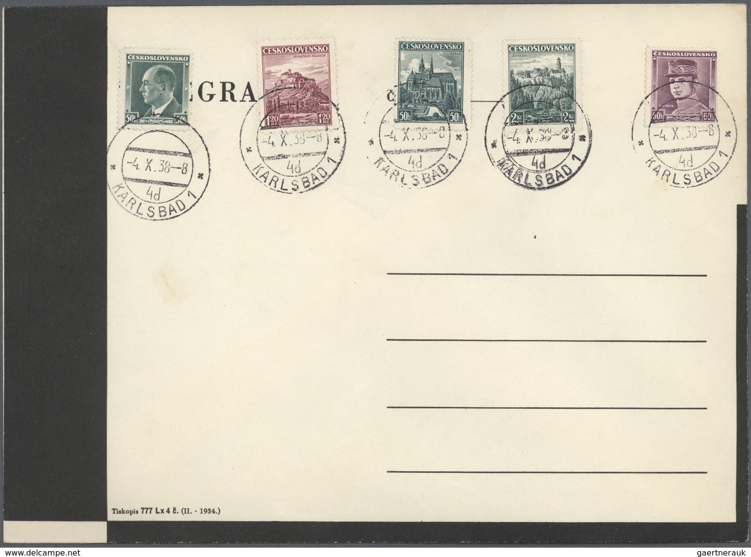Tschechoslowakei: 1934/1938, Three Coloured Unused Telegram Envelopes, Each With Czechoslowakian Sta - Andere & Zonder Classificatie