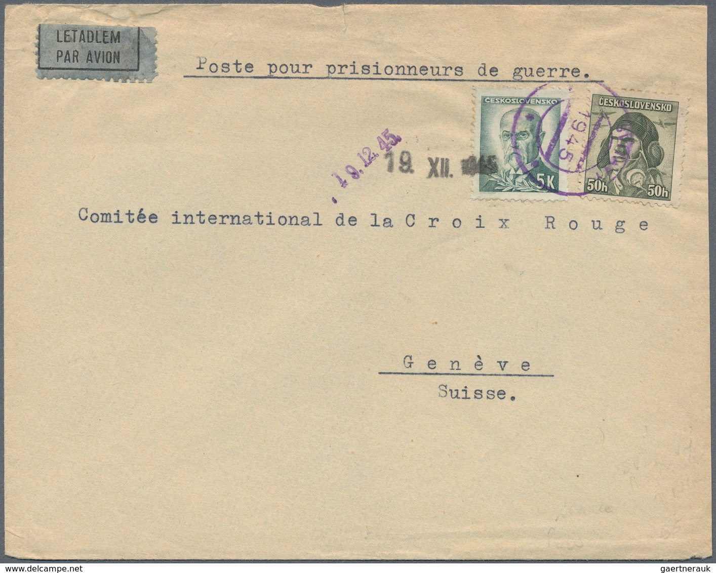 Tschechoslowakei: 1945, 50 H Olive And 5 K Green, Tied By Provisional Violet Handstamp SVITAVY 1945 - Andere & Zonder Classificatie