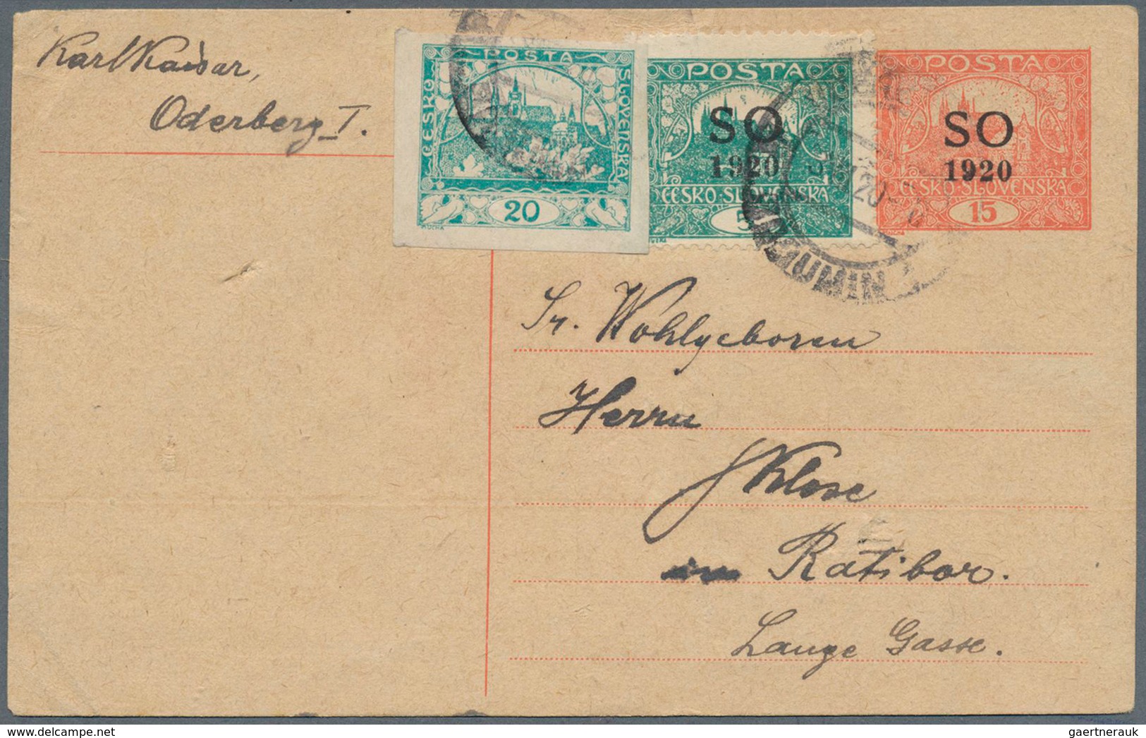 Tschechoslowakei - Ostschlesien: 1920, 15 H Orange-red Psc With Ovp "SO / 1920", Uprated With Same I - Andere & Zonder Classificatie