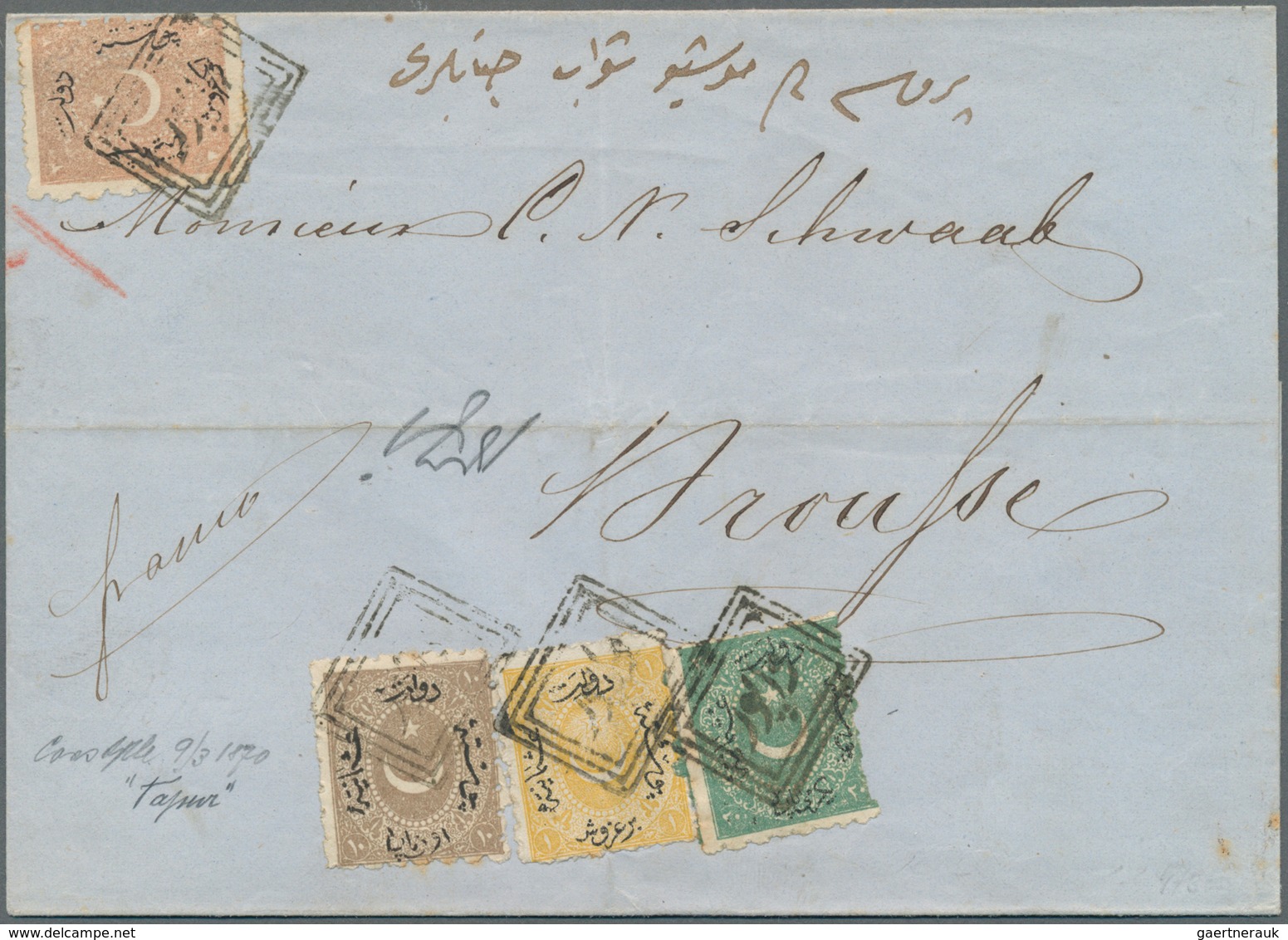 Türkei: 1870, Folded Envelope From Constantinople Franked Total 3 3/4 Pia. Canc. "Vapur" (ship) To B - Ongebruikt