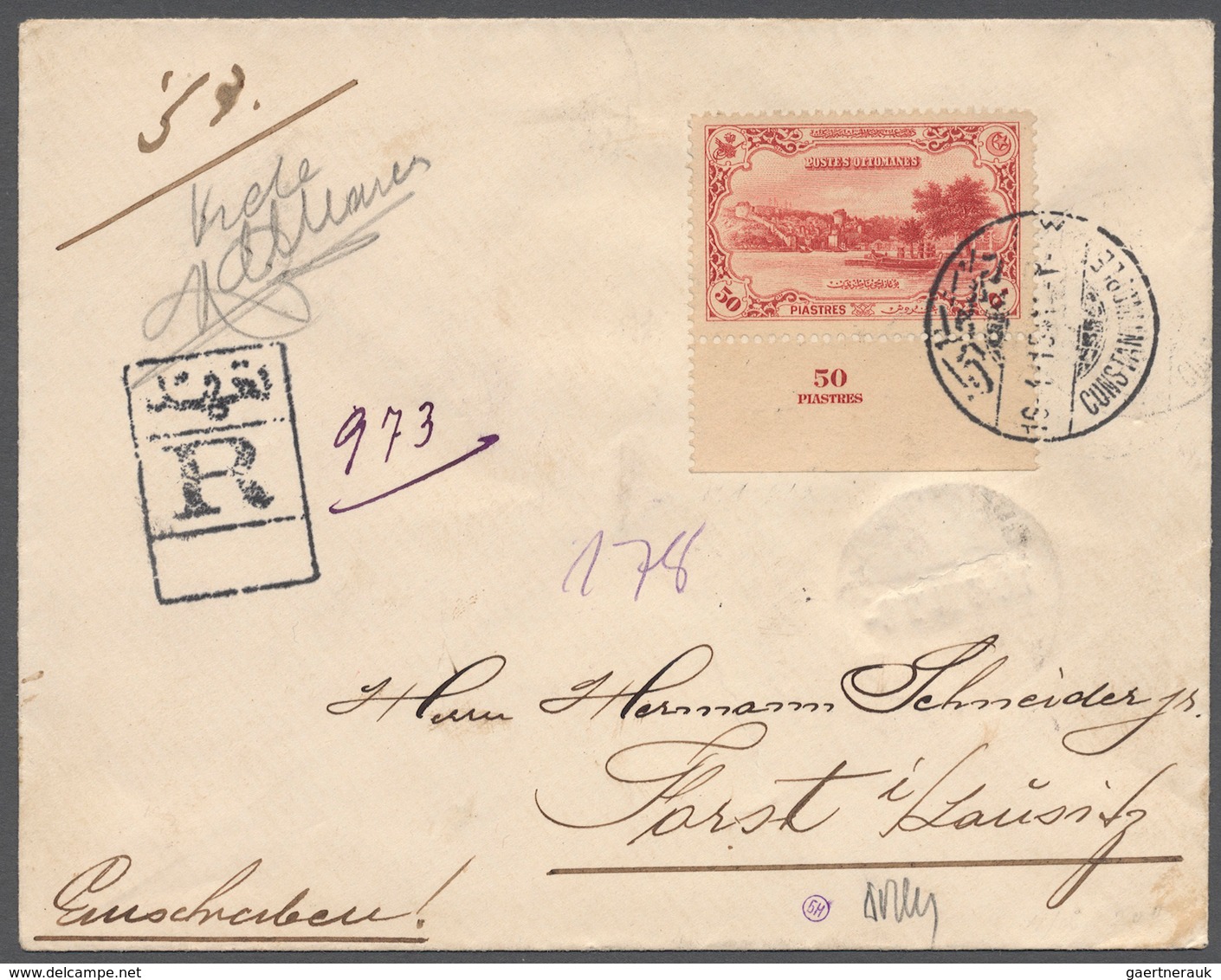 Türkei: 1914, London Print 50 Pia. Bottom Margin Imprint Single Franking On Registered Cover Tied By - Nuovi