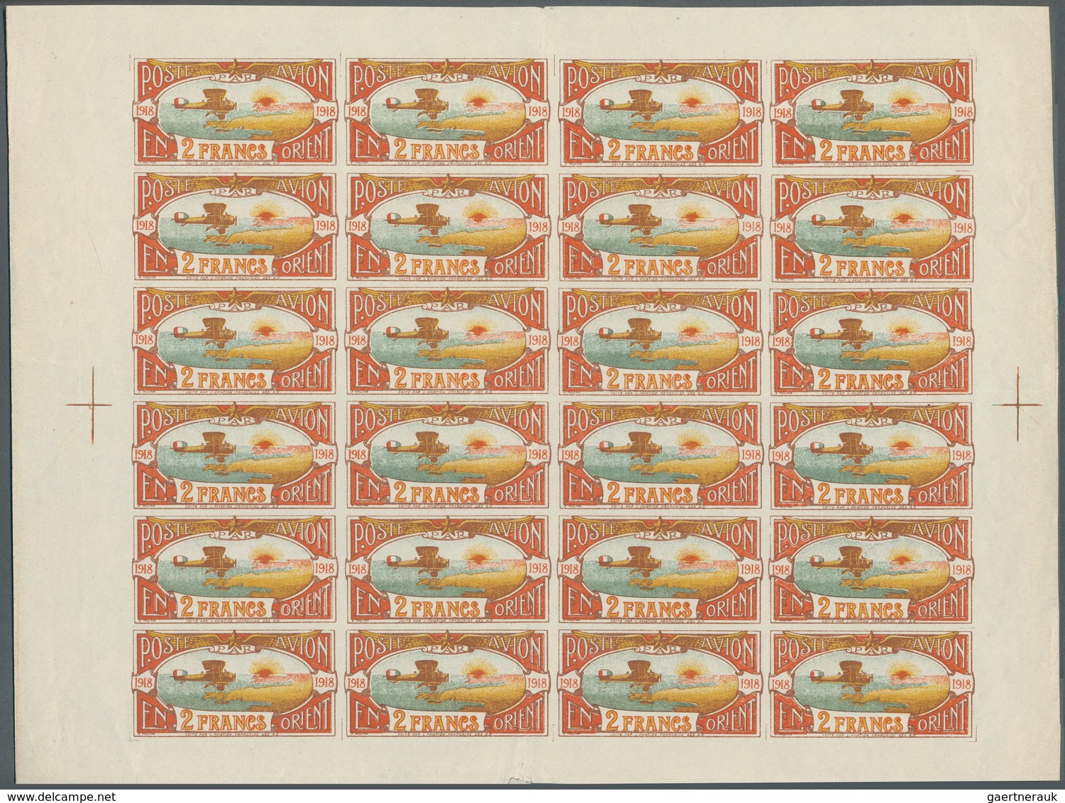 Türkei: 1918, France Air Mail In The Levant : 2 Francs Complete Sheet With Margins, Progressive Plat - Nuovi