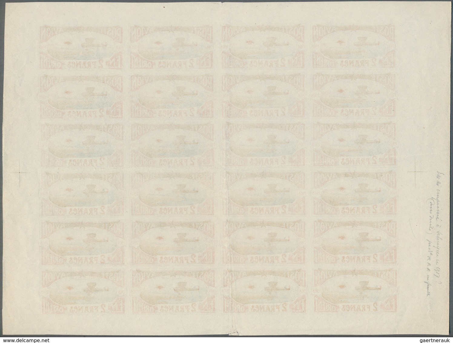 Türkei: 1918, France Air Mail In The Levant : 2 Francs Complete Sheet With Margins, Progressive Plat - Nuovi