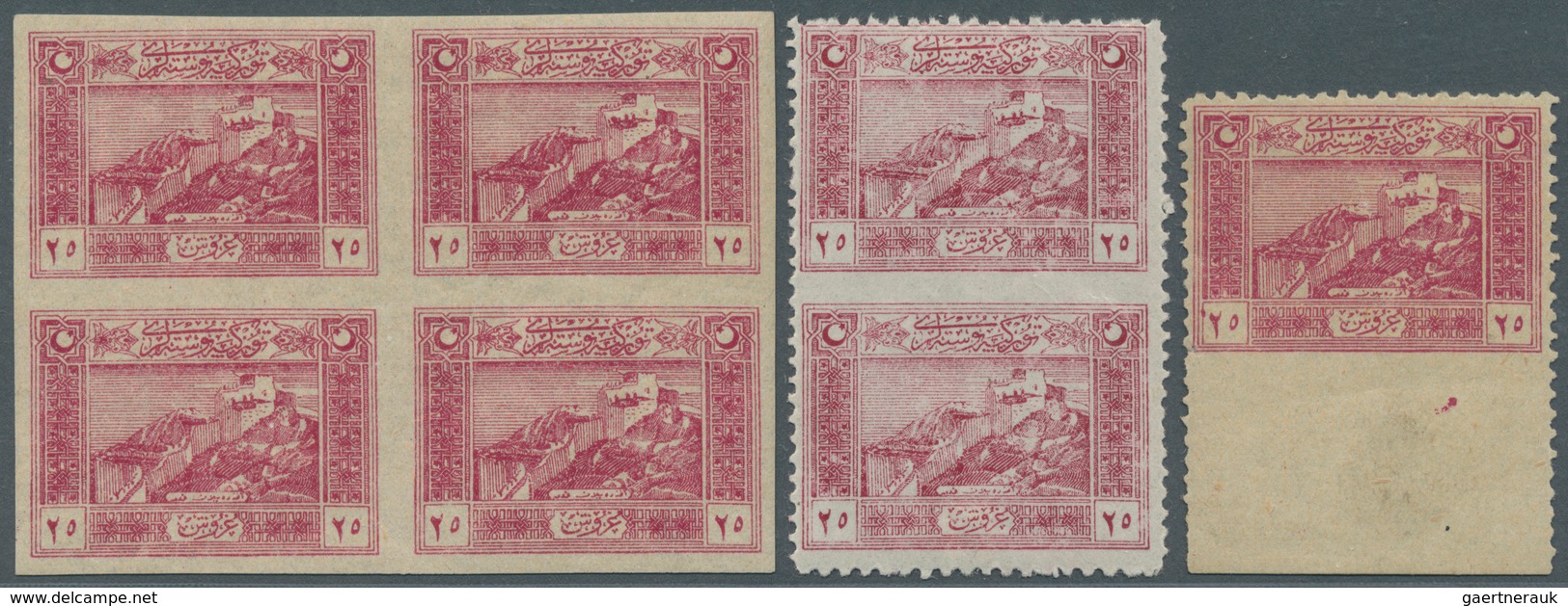 Türkei: 1922, National Unification, 25pi. Carmine, Lot Of Three Varieties: Imperforate Block Of Four - Ongebruikt