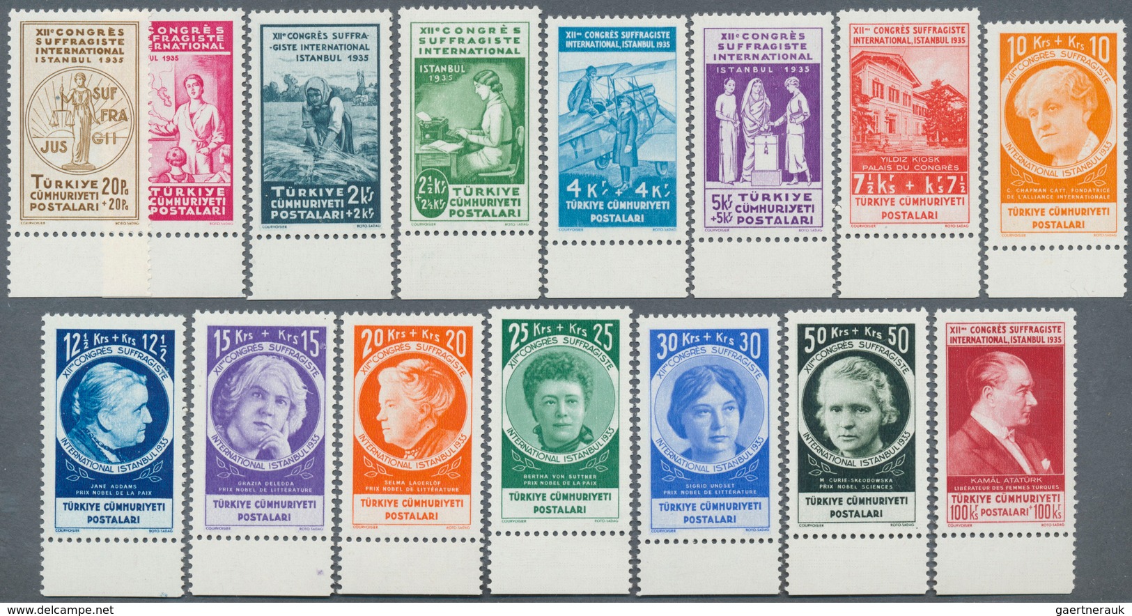 Türkei: 1935, Woman's Rights Congress Complete Set Of 15 Values, Bottom Margin Imprints, Mint Never - Ongebruikt