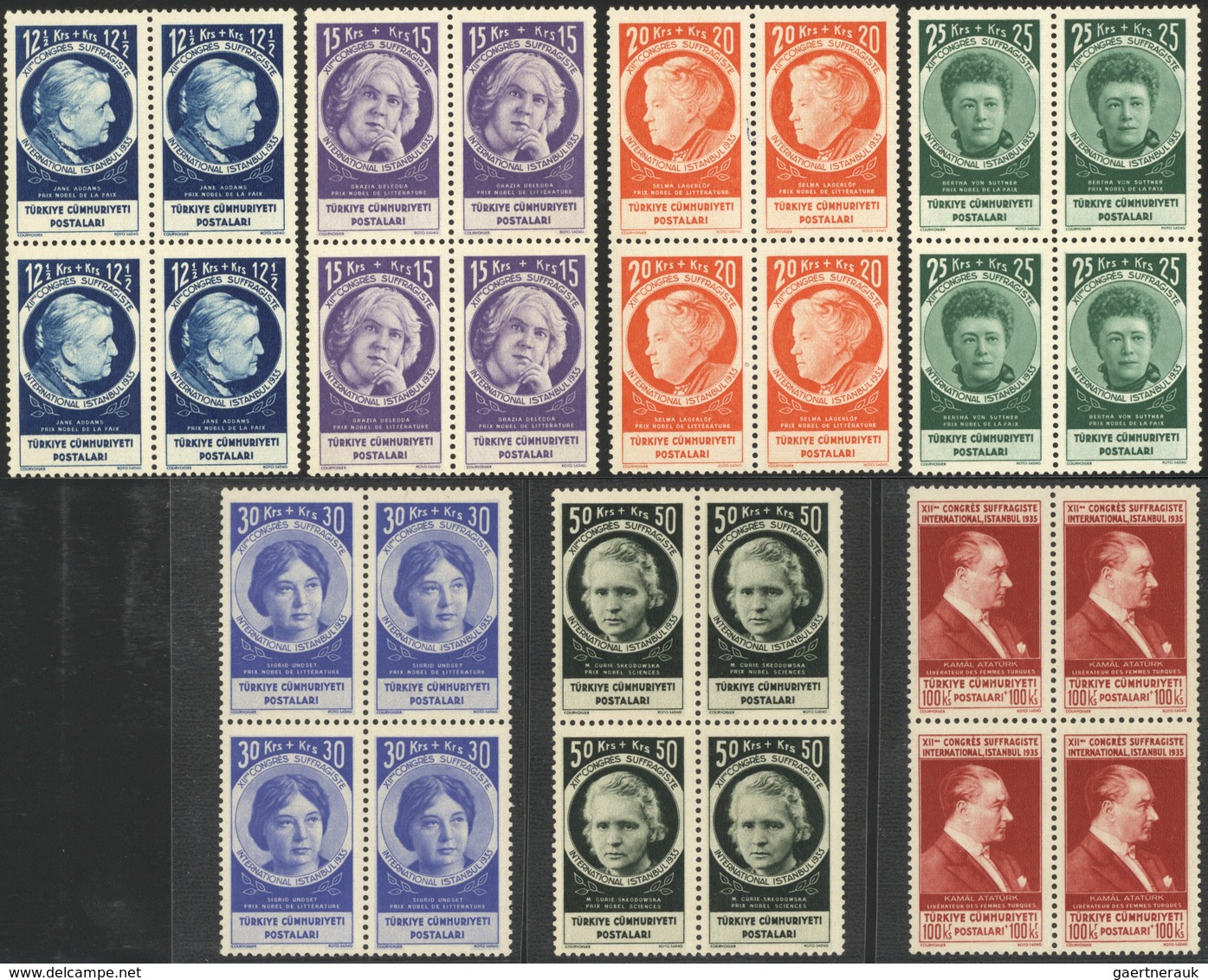 Türkei: 1935, Woman's Rights Congress Complete Set Of 15 Values In Blocks Of Four, Mint Never Hinged - Nuovi