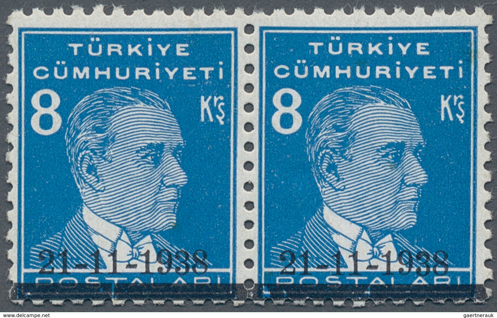 Türkei: 1938, Pair 8 Krs. Light Blue Atatürk Mourning Issue, Mint Never Hinged, Very Fine And Rare S - Nuovi