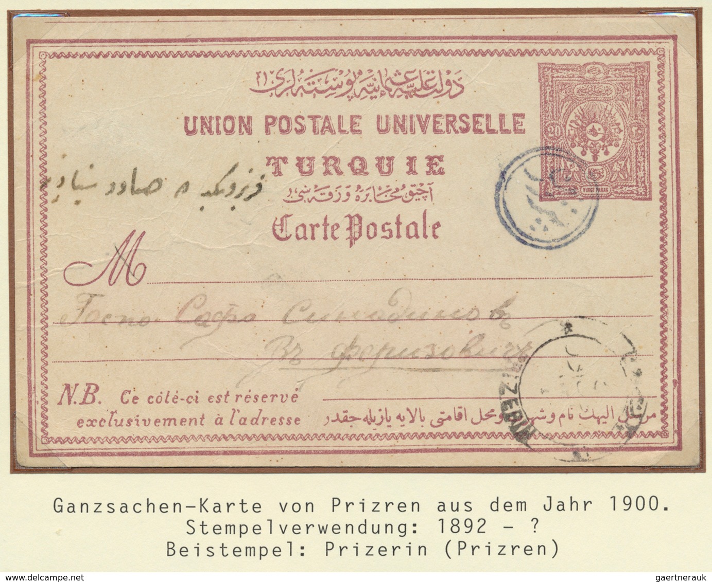 Türkei - Stempel: 1900, "PRIZREN" Blue All Arabic Cancellation (Coles.-Walker No.114) On Postal Stat - Other & Unclassified