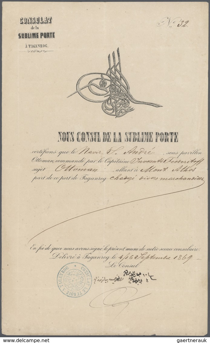 Türkei - Stempel: 1869, "CONSULAT LE TURQUIE A TAGANROG" Blue Seal On Imprint Document "NOUS CONSUL - Altri & Non Classificati