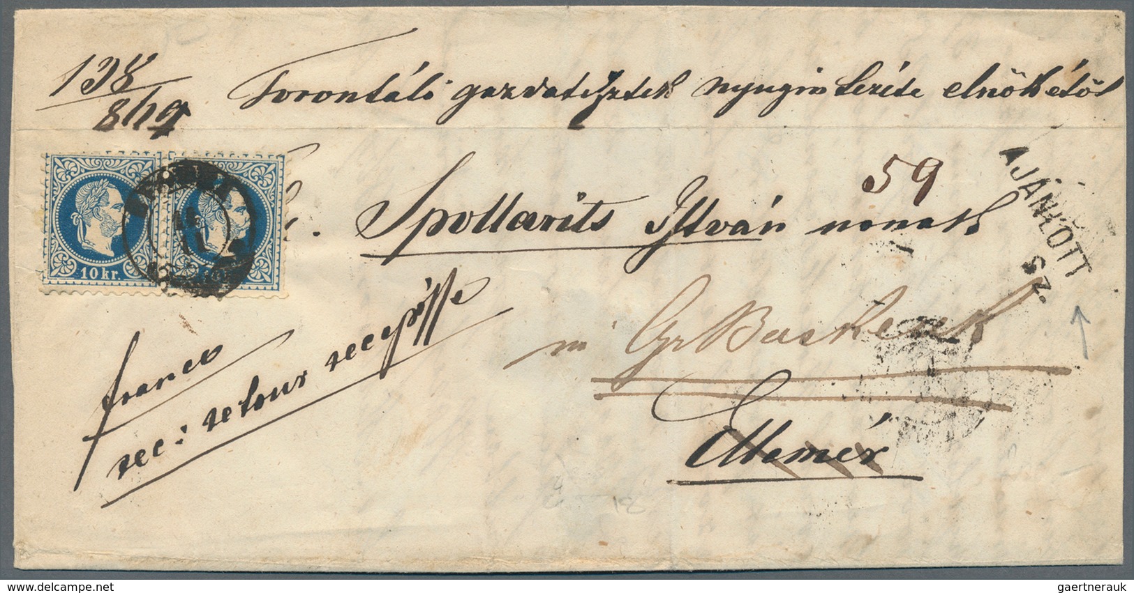 Ungarn - Stempel: 1869 (14.11.), Faltbrief Mit Vs. Waagr. Paar Österreich 10 Kr. Blau 'grober Druck' - Marcofilie