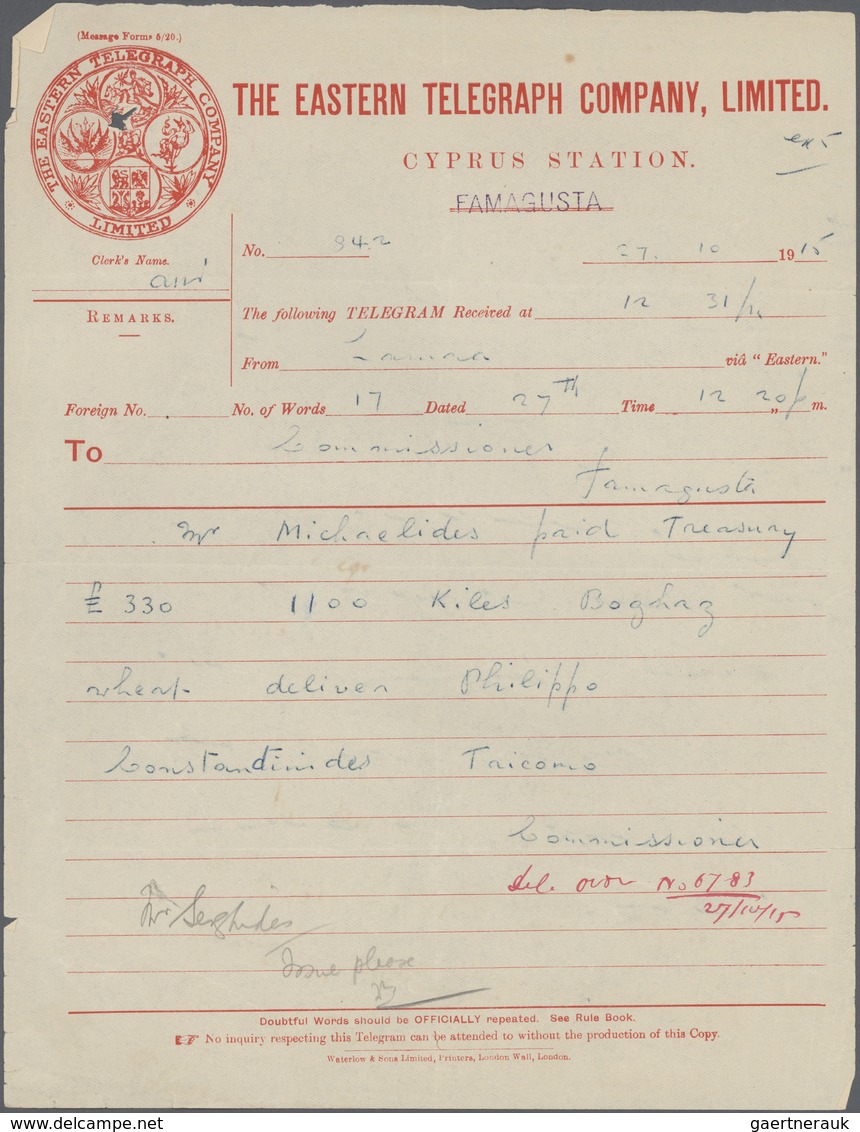 Zypern: 1915, Telegram Form Of The "EASTERN TELEGRAPH COMPANY, Ltd. - CYPRUS STATION" At FAMAGUSTA F - Andere & Zonder Classificatie