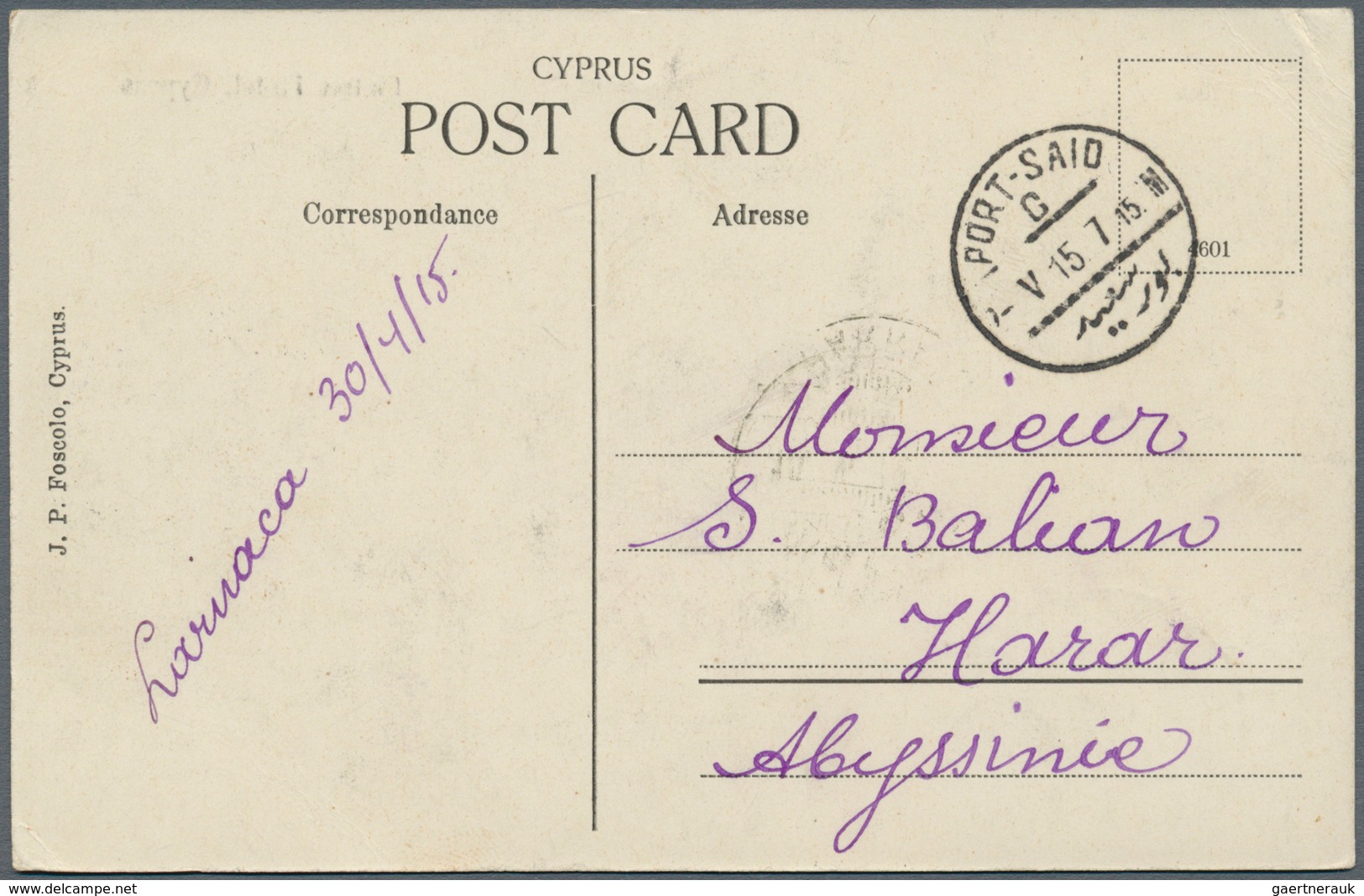 Zypern: 1915. Picture Post Card Of 'Platres Hotel, Cyprus' Addressed To Harrar, Ethiopia Bearing SG - Other & Unclassified